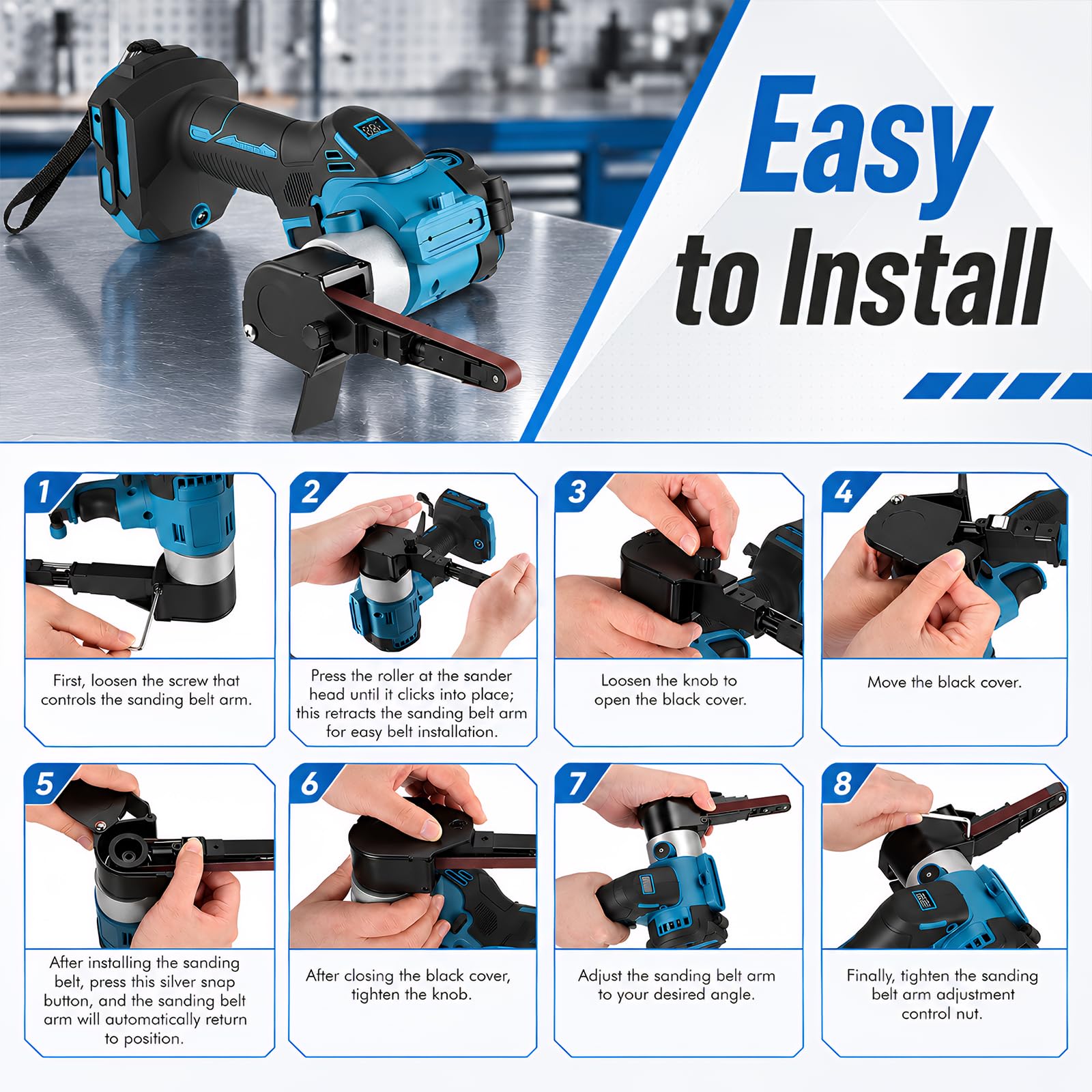 Levigatrice a nastro a batteria compatibile con Makita 18 V, lima a nastro senza spazzole con 20 nastri abrasivi, levigatrice elettrica a nastro per legno, metallo, plastica, braccio regolabile a 360°