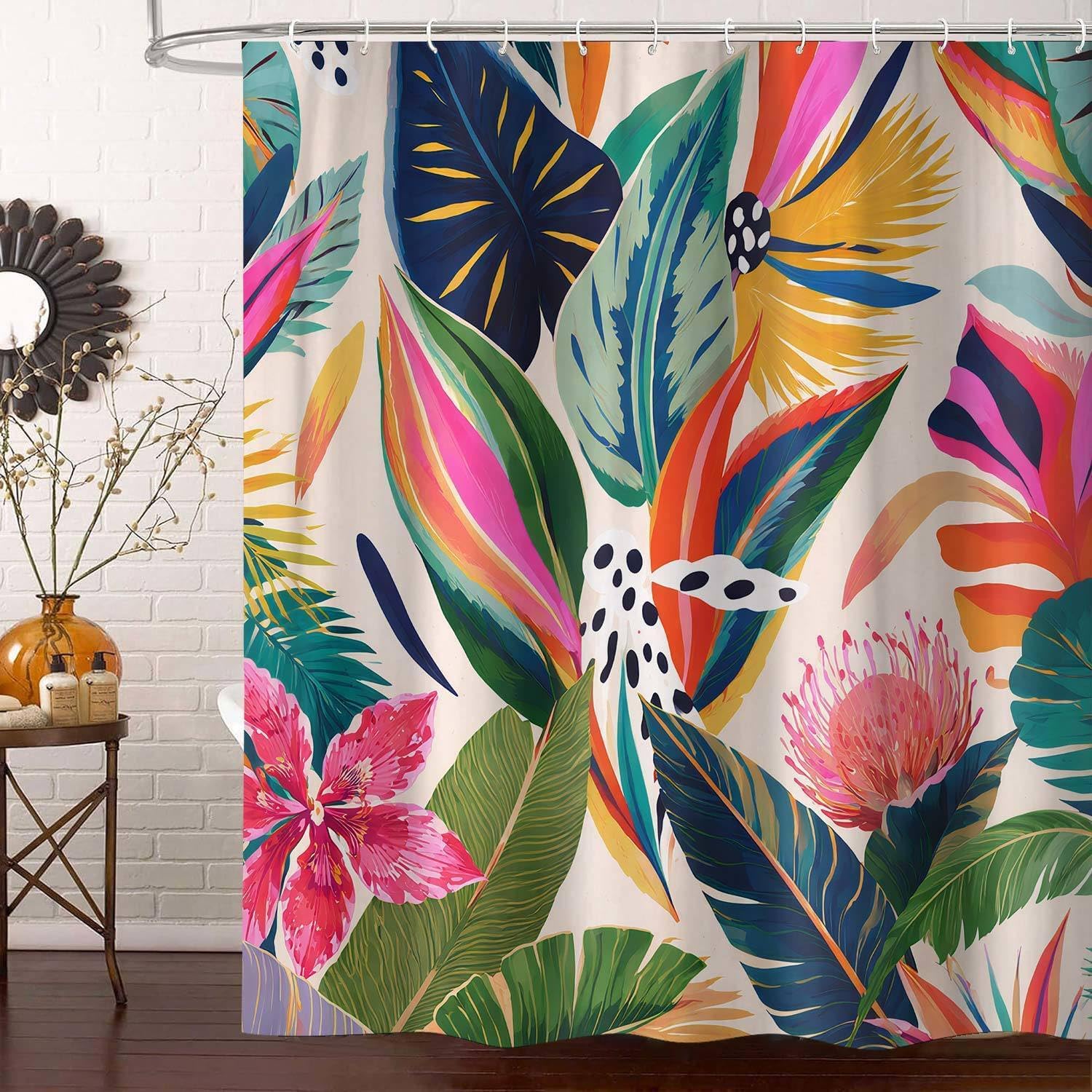 Colorful Floral Shower Curtain, Boho Abstract Art Modern Aesthetic Plant Leaf Bathroom Curtains, Waterproof Polyester Fabric Accessories Bath Curtain with Hooks 72x72 Inch