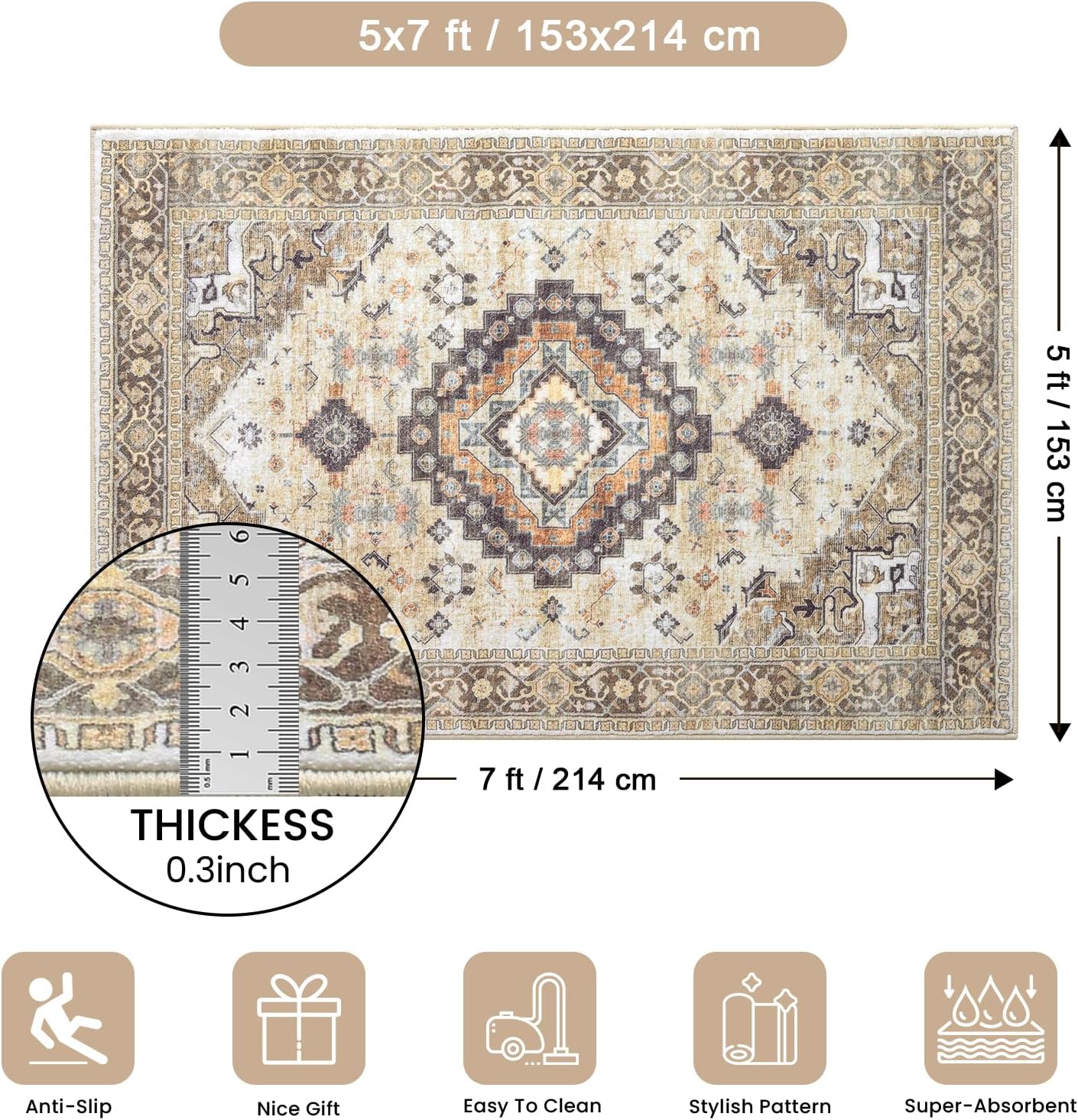 Smiry Area Rugs for Living Room Bedroom, Machine Washable
