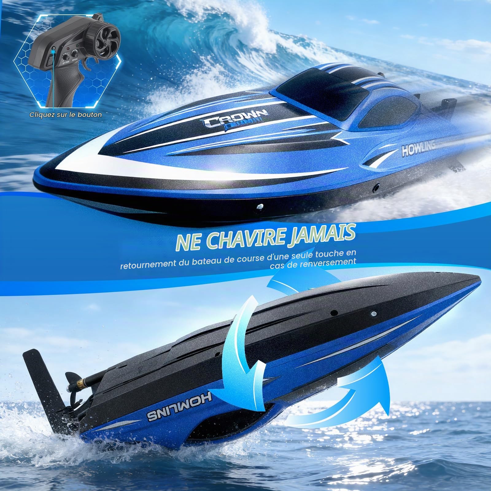 Bateau télécommandé avec éclairage LED, bateau RC de 42 cm, 35 km/h, autonome, 2 batteries, télécommande 2,4 GHz, étanche et résistant aux coups, pour enfants et adultes, piscine, lac (bleu)