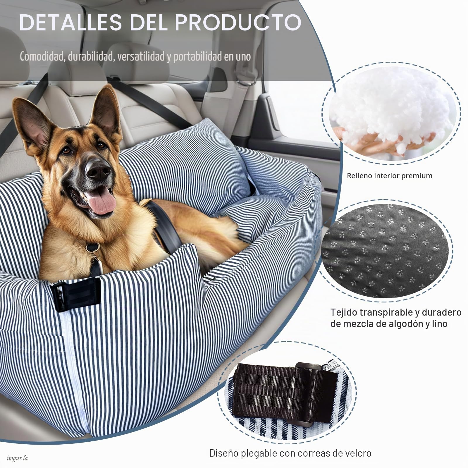 Asiento de coche para perros grandes de hasta 36 kg, cama lavable para perros, asiento para perros portátil con 2 correas de seguridad y base antideslizante