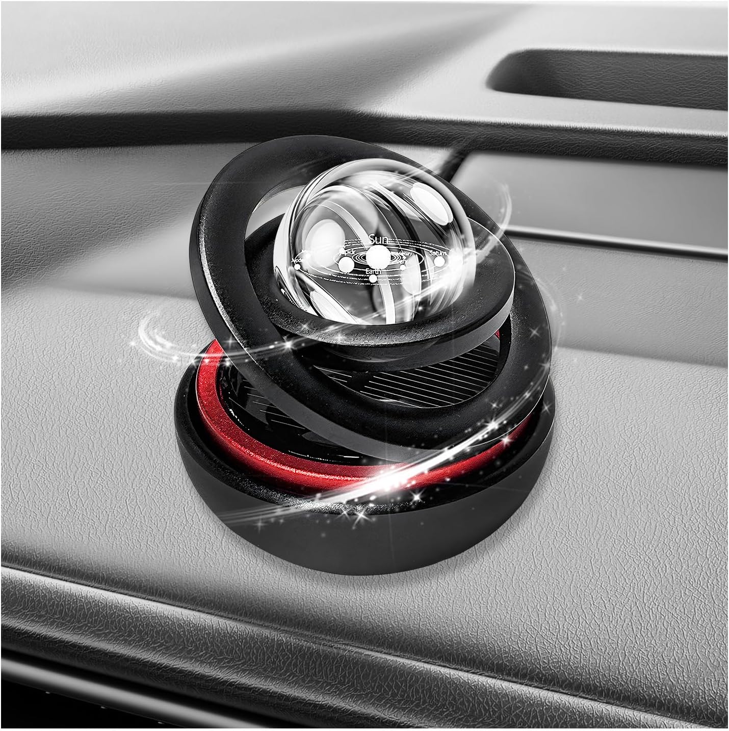 Car Air Freshener, Solar-Powered Rotating Vehicle Dashboard Ornament with Scent Tablets, Auto-Spinning Crystal Ball Air Freshener Interior Decoration for Car Office Home (Black)