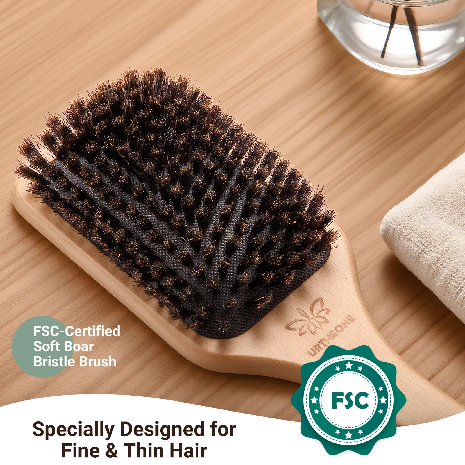URTHEONE 100% Pure Boar Bristle Hair Brush Set 3 Piece Large and Mini Size with Wide Tooth Comb for Fine Thin Short Hair Frizz Control Shine Scalp Massage Gift - Image 2