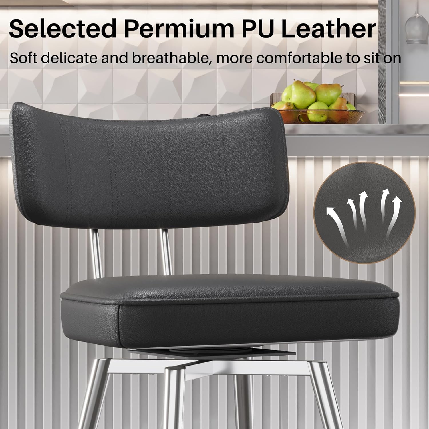26 Inch Swivel Counter Height Bar Stools Set of 2, Swivel Kitchen Counter Stools with Backs and Metal Frame, Upholstered Leather Bar Stools for Kitchen Island, Black