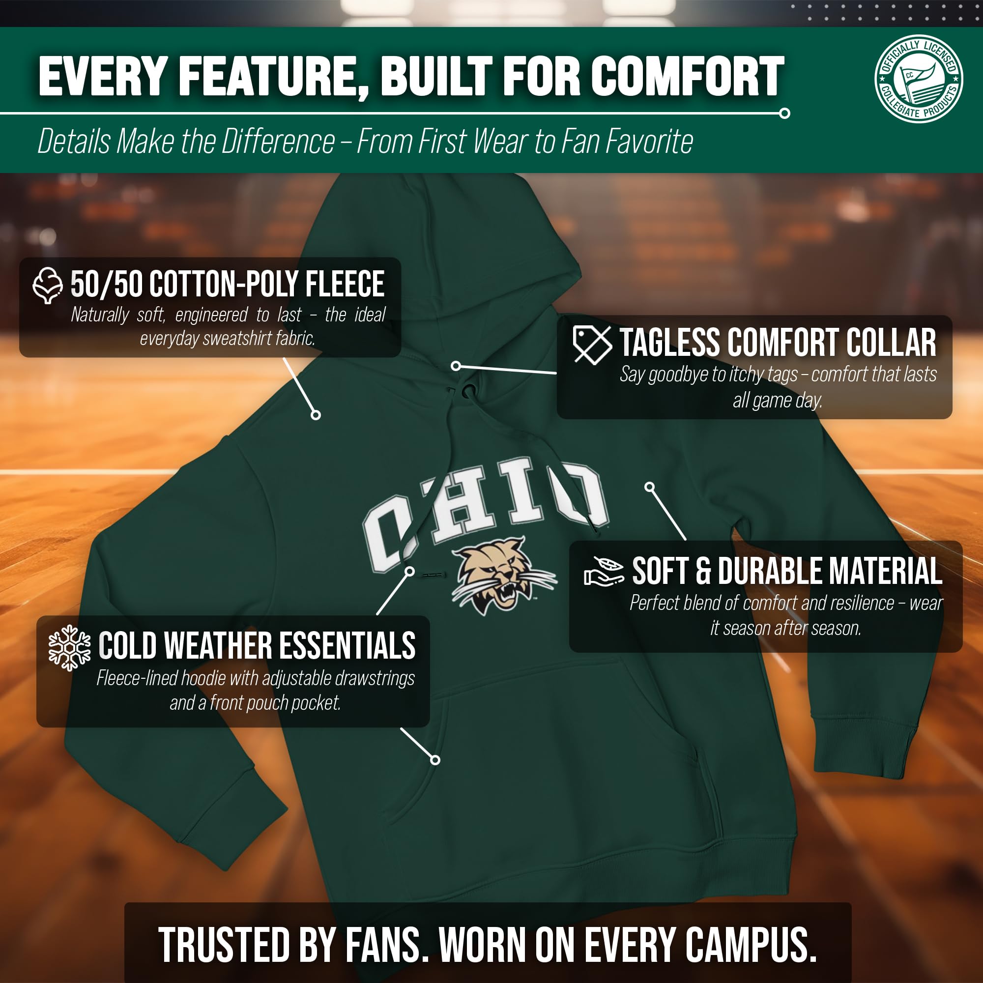 Campus Colors Długie rękawy NCAA Adult Arch & Logo Gameday Unisex Bluza z kapturem, ZIELONY, S