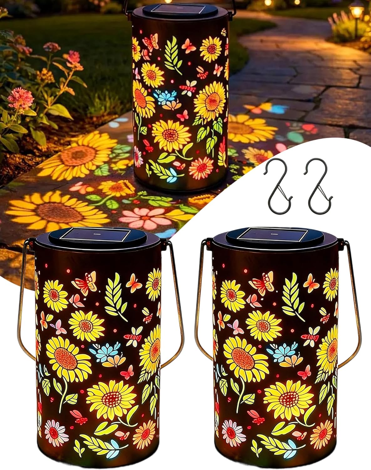 Colorful Sunflower Glow Solar Garden Lantern, Sunflower Solar Lantern, Waterproof Metal Hanging Lights with Butterfly Cut-Outs, Can Be Hung or Laid Flat, for Garden, Patio, Pathway Lantern (2*Pcs)