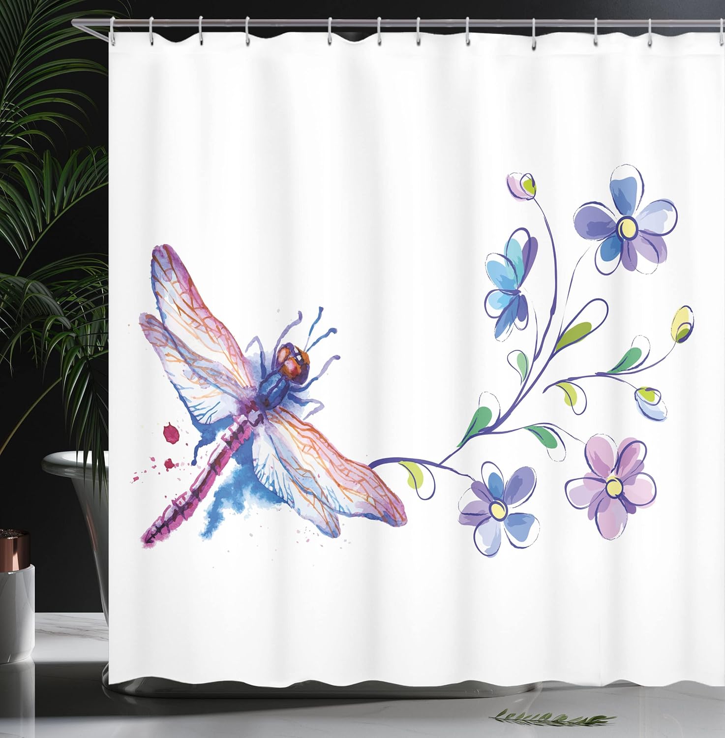 Ambesonne Dragonfly Shower Curtain, Watercolor Bug Butterfly Like Moth with Branch Ivy Flowers Lilies Art, Cloth Fabric Bathroom Decor Set with Hooks, 69" W x 70" L, Purple Green