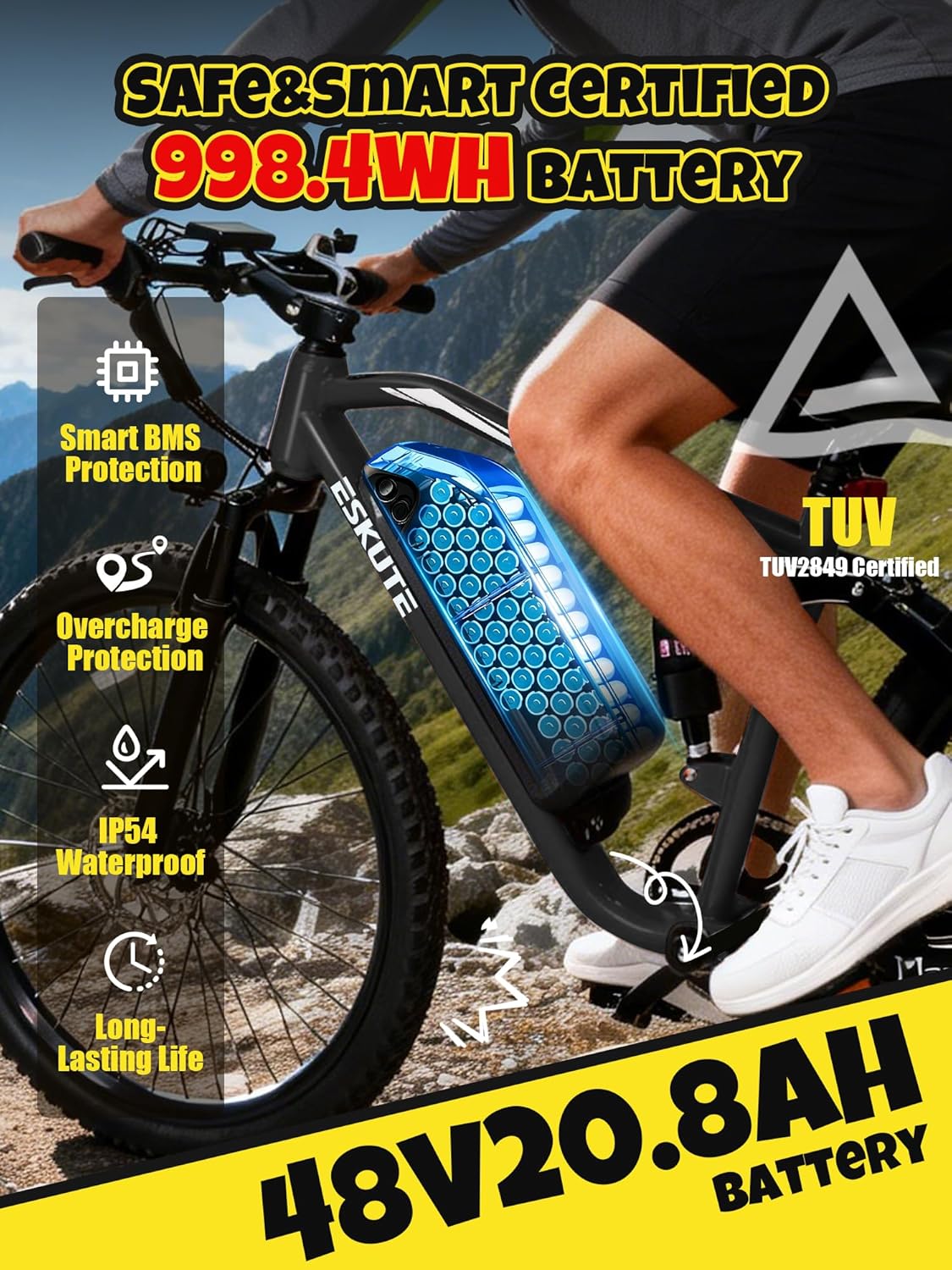 ESKUTE M200F Electric Bike for Adults – 27.5 inch Tire Mountain E-Bike, 1500W Peak Motor 31MPH, 48V 20.8Ah Removable Battery, Up to 80 Miles, Step Over E-MTB, NFC Unlock, Black with Gaurd& Rack