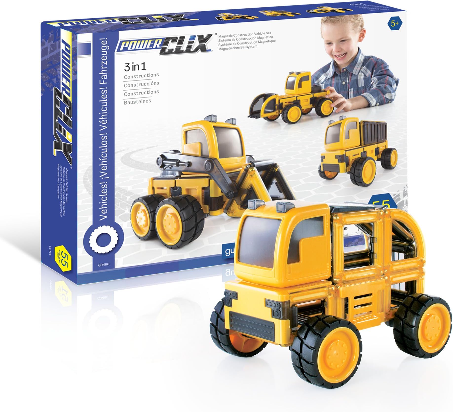 PowerClix Construction Vehicle Set: 55 Piece Magnetic Build-Your-Own Dump Truck, Bulldozer, and More - STEM Educational Building Toy for Kids