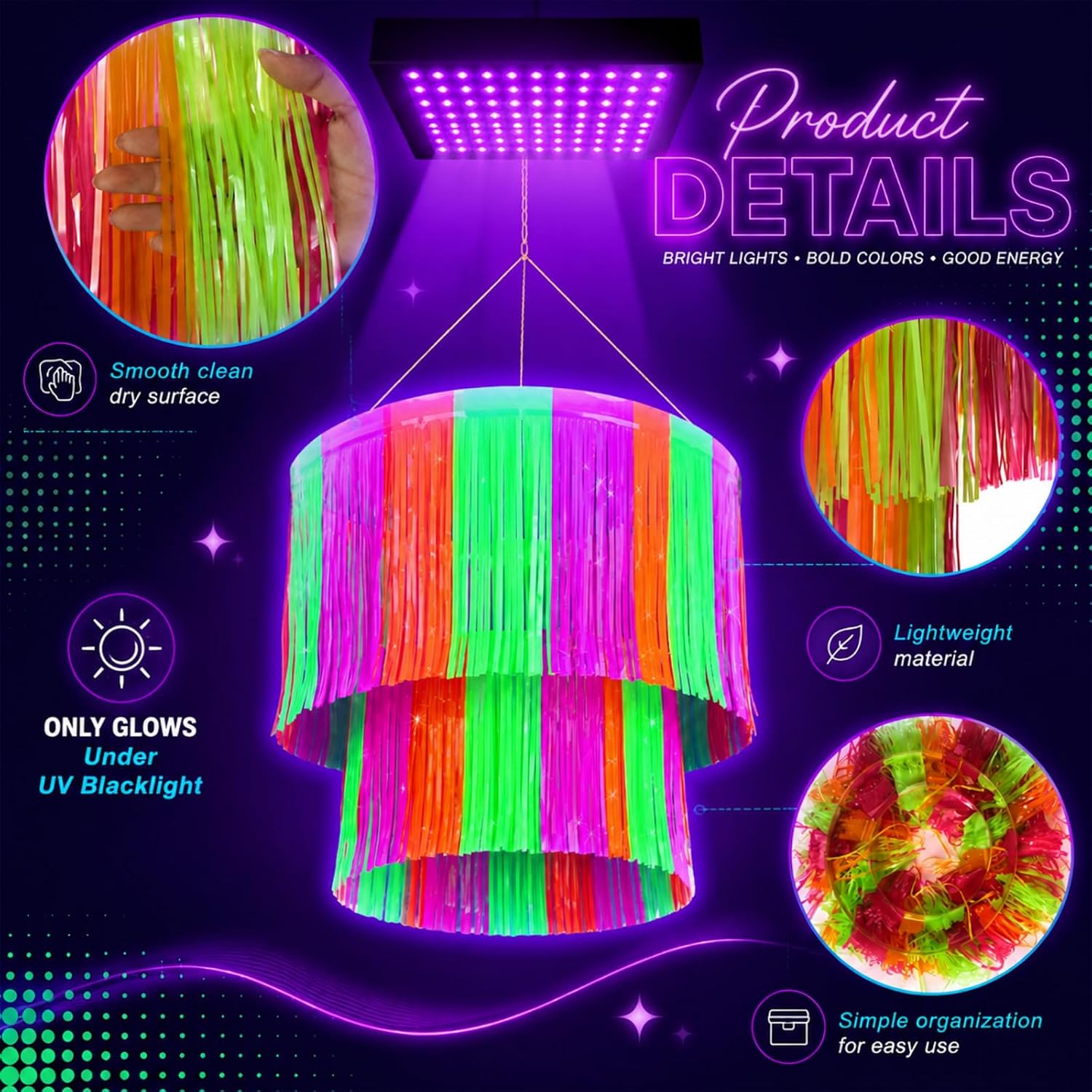 Fumete 2 Tier Glow in The Dark Fringe Tinsel Chandelier Foil UV Iridescent Tassels Trim Shiny Hanging Disco Ball Ceiling Neon Decor for Glow Party Decoration Wedding Anniversaries Birthday Party