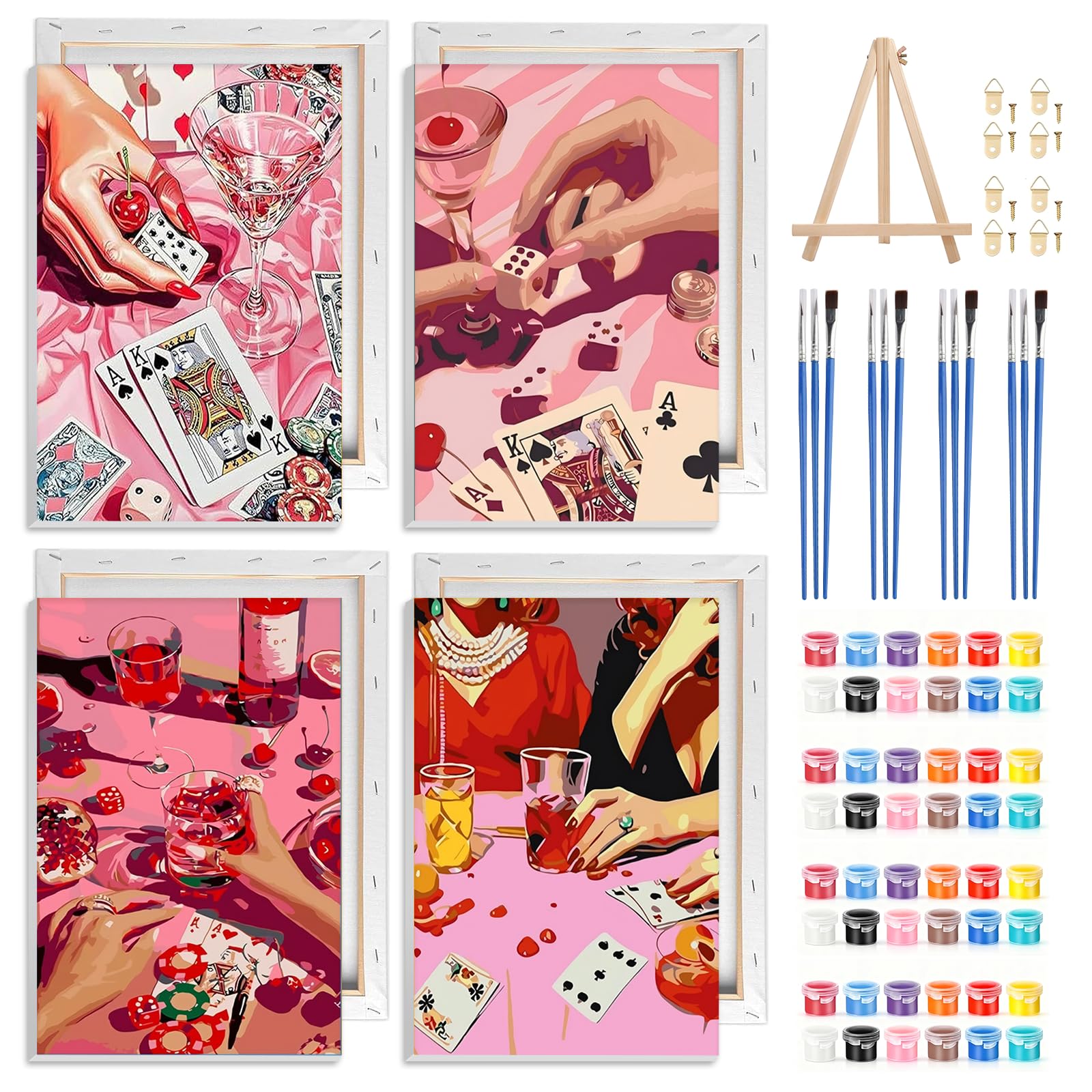 NAIMOER 4 Pack Pink Poker Paint by Numbers Kits for Adults with Frame, DIY Paint by Numbers for Beginners, Painting by Numbers on Canvas Gifts for Home Decor 20x30cm — image 1