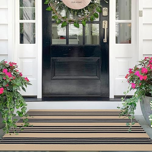 IOHOUZE Black and Tan Striped Rug 2.3'x3.6' Front Door Rugs Outdoor, Small Washable Area Rug for Front Porch, Spring Summer Welcome Mats Outdoor Indoor, Doormat for Entryway Porch Entrance