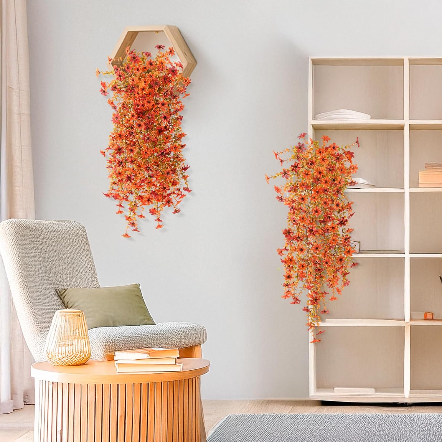 INQCMY Artificial Fall Fake Flowers for Outdoor Fake Hanging Decoration,2PCS Faux Mums Silk Flower with Autumn Leaves UV Resistant No Fade for Home Planter Porch Patio Yard Balcony Garden(Orange Red) - Image 6