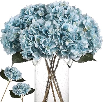 Kisflower 6Pcs Hydrangea Artificial Flowers Realistic Fake Hydrangea Flowers Silk Flowers Bouquet for Wedding Party Office Home Decor Blue