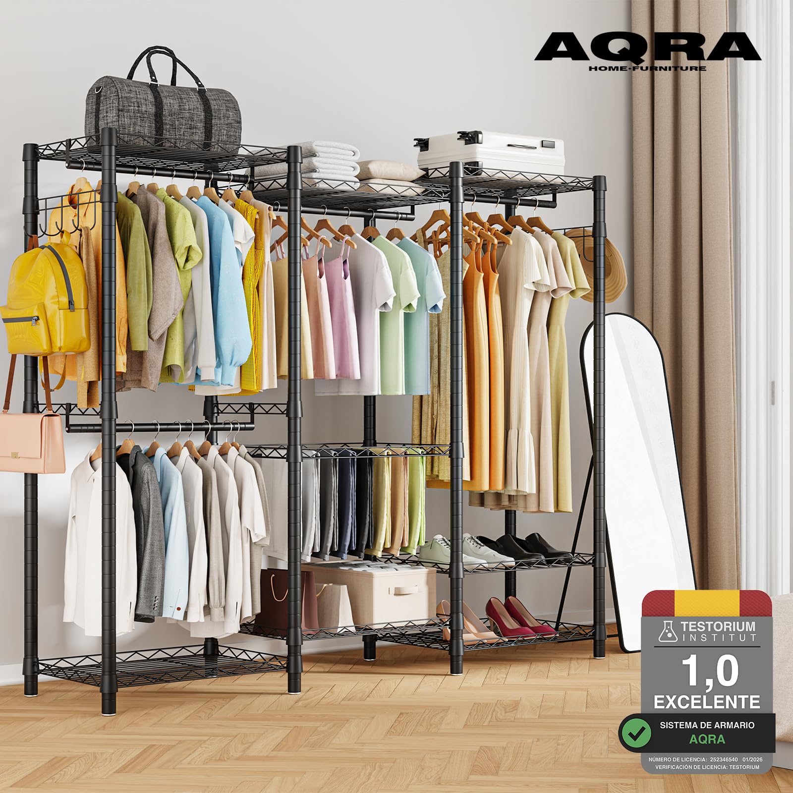 AQRA Perchero Burro Ropa Negro Metálico | 3 Barras Para Ropa, Ganchos Laterales, Carga máxima 400kg, Dimensiones 172×38×194cm