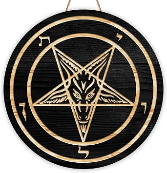 Custom Halloween Goat Satan Baphomet Wood Round Sign, Vintage Wall Decor | Bat Skull Cobweb Lantern Creepy October Graveyard Candy Ghost Witch Theme Indoor Outdoor Entryway Shelf Mantel, Christmas