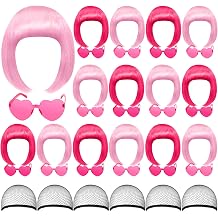 MTLEE 16 Sets Party Wigs and Sunglass Set Colorful Neon Short Bob Wig Hair Hairpieces for Bachelorette Cosplay Favor SuppliesRose Red and Pink,Cute Glasses