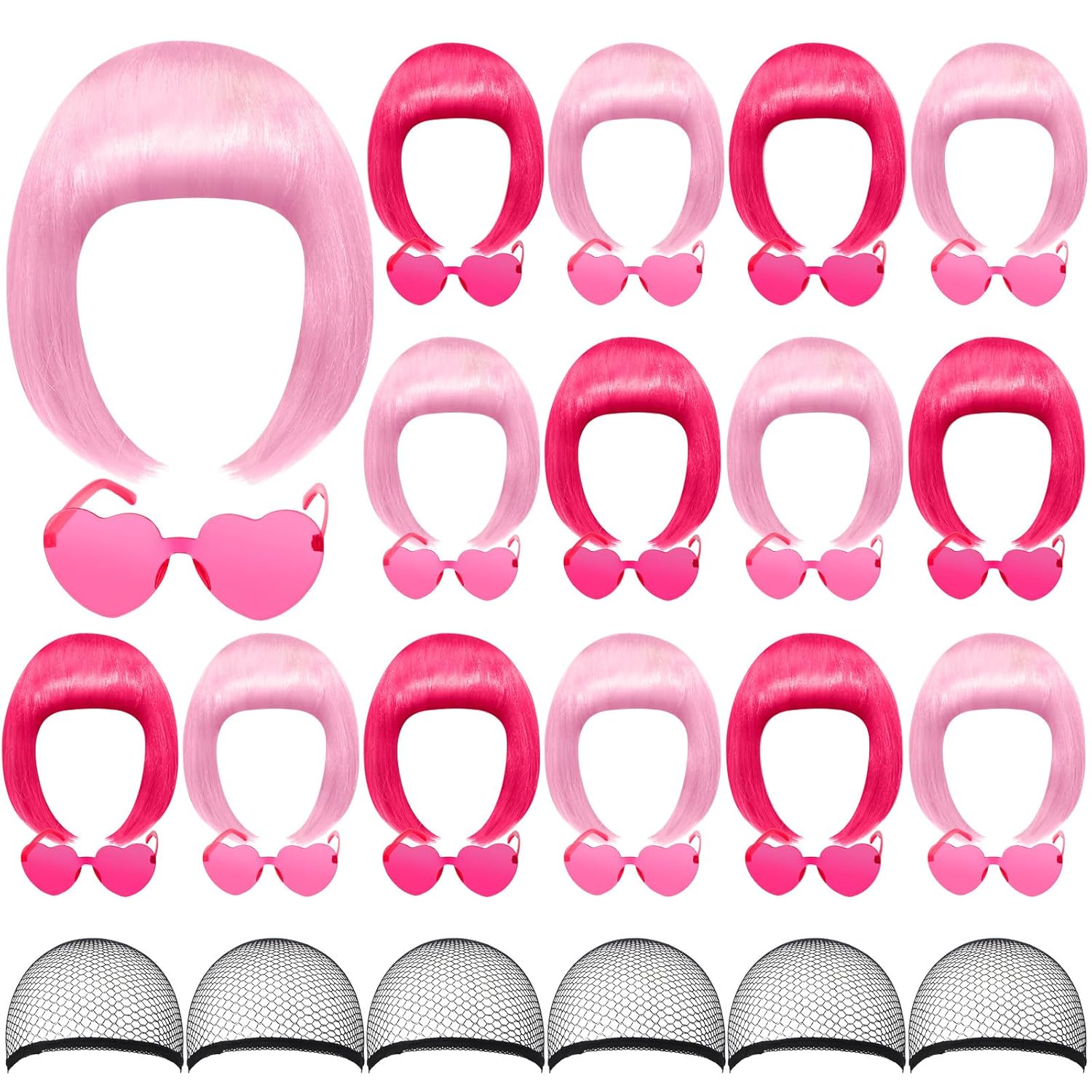 MTLEE 16 Sets Party Wigs and Sunglass Set Colorful Neon Short Bob Wig Hair Hairpieces for Bachelorette Cosplay Favor Supplies(Rose Red)