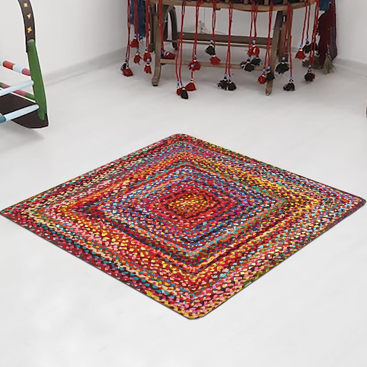 Alfombra trenzada de algodón Chindi natural, alfombras Kilim indias – Alfombra tejida cuadrada pequeña de 3 x 3 pies, alfombra Dhurrie para uso en interiores en cocina, entrada, oficina (multicolor)