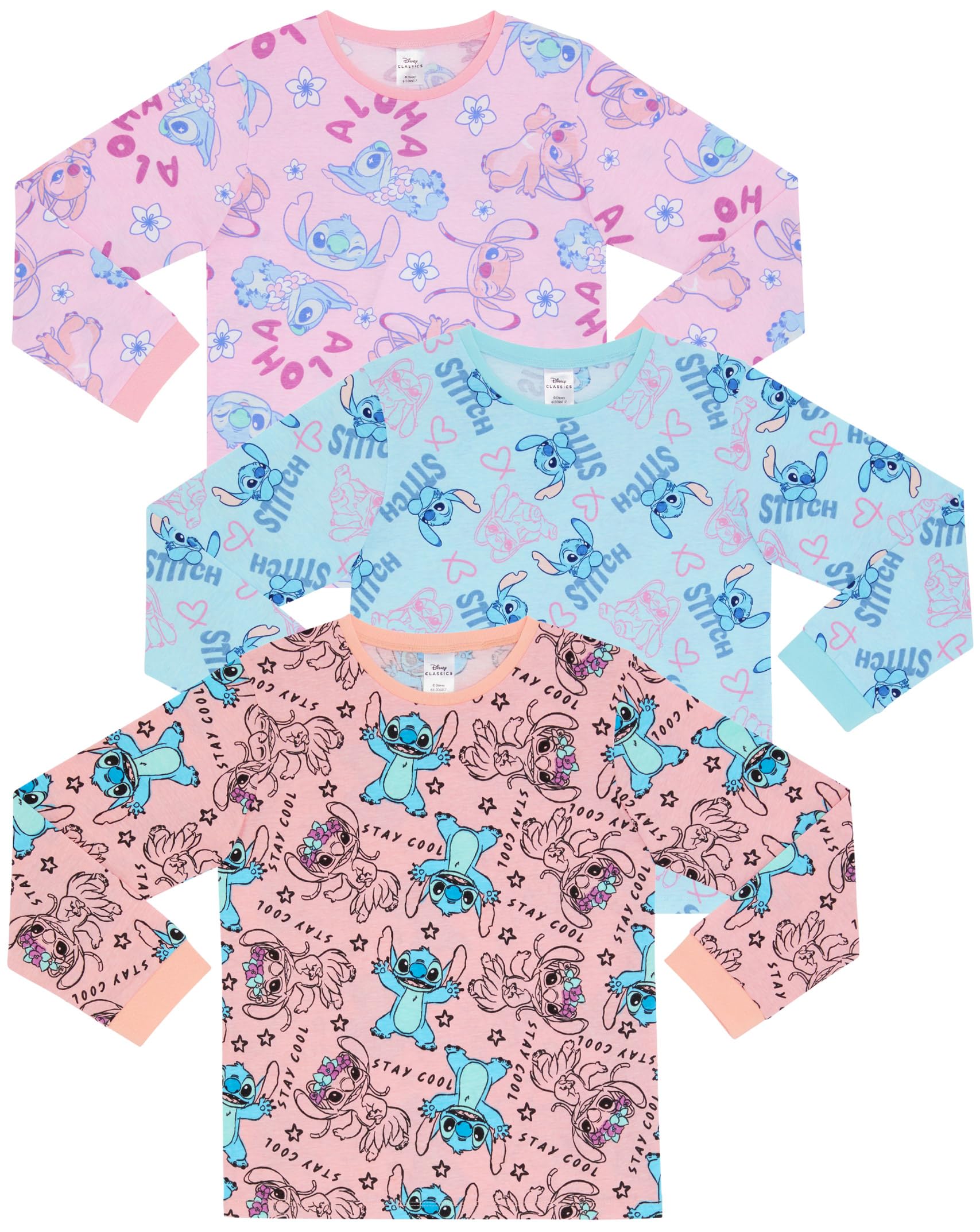 Disney Lilo & Stitch, Angel - Paquete de Tres Camisetas de Manga Larga 100% Algodón Peinado