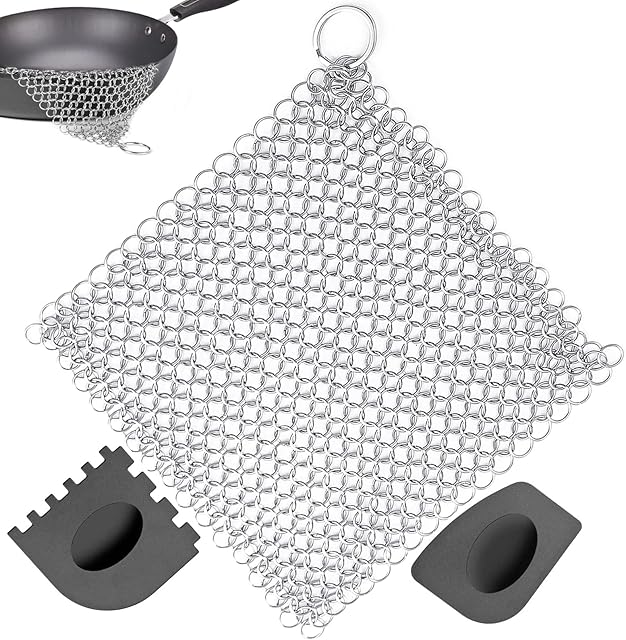 ZHOUSTOU Chainmail Scrubber Cast Iron Cleaner Stainless Steel Chain Mail Scourer with 2pcs Plastic Pan Grill Scrapers for Skillets Griddles Pans Grills & Dutch Ovens(17.8 x 17.8 cm)