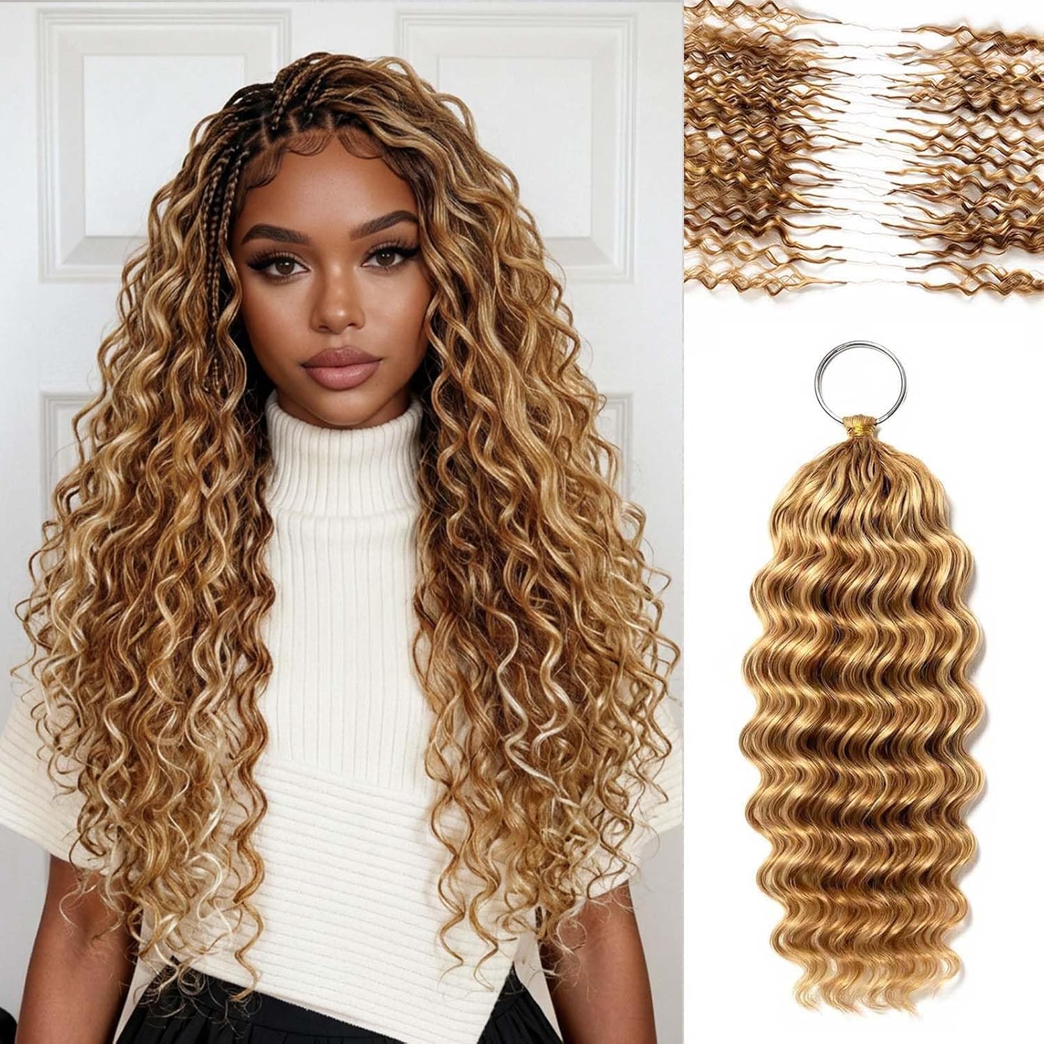 Feather Crochet Human Hair for Black Women Highlights Ombre Honey Blonde Deep Water Wave Miracle Knots Virgin Hair Invisible Pre-Separated 27/613 Curly Human Hair Crochet 14 Inch 50g/pack