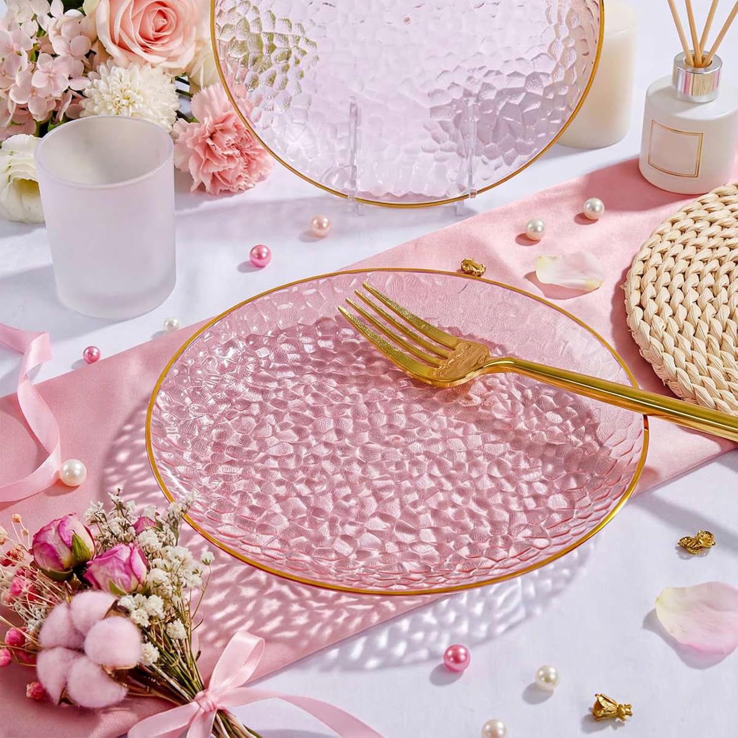 Rubtlamp 200Pcs Plastic Pink Dessert Plates with Disposable Gold Forks,Heavy Duty Pink Hammered Salad Platos, Gold Small Platos,Fancy Appetizer Plates for Mother's Day