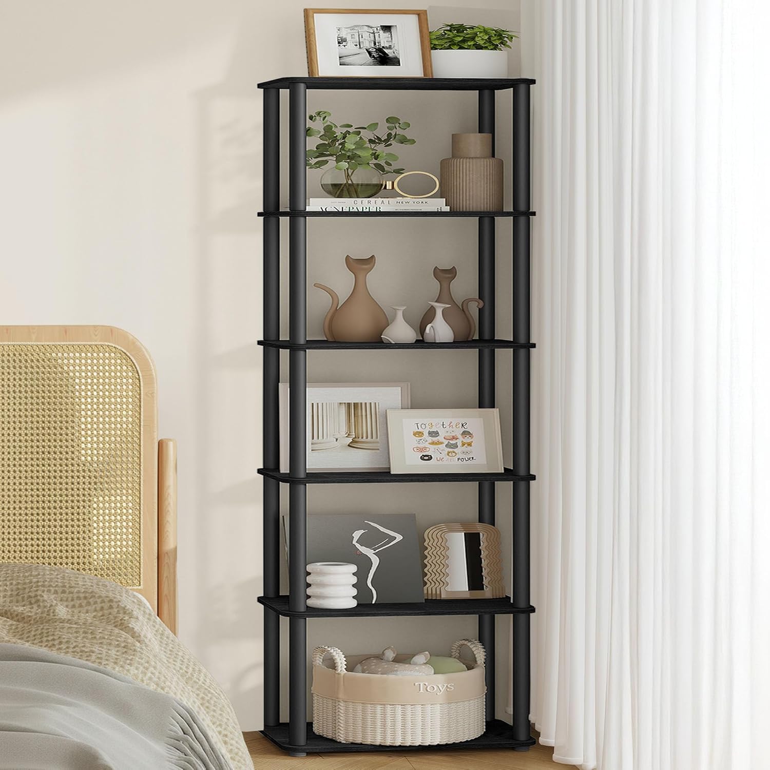VASAGLE Superfast Toolless Assembly, 6-Tier Shelf for Living Room, Standing Shelf, Bookshelf, Bedroom, Kitchen, 9.4 x 15 x 68.3 Inches, Rustic Brown and Ink Black ULLS136K01