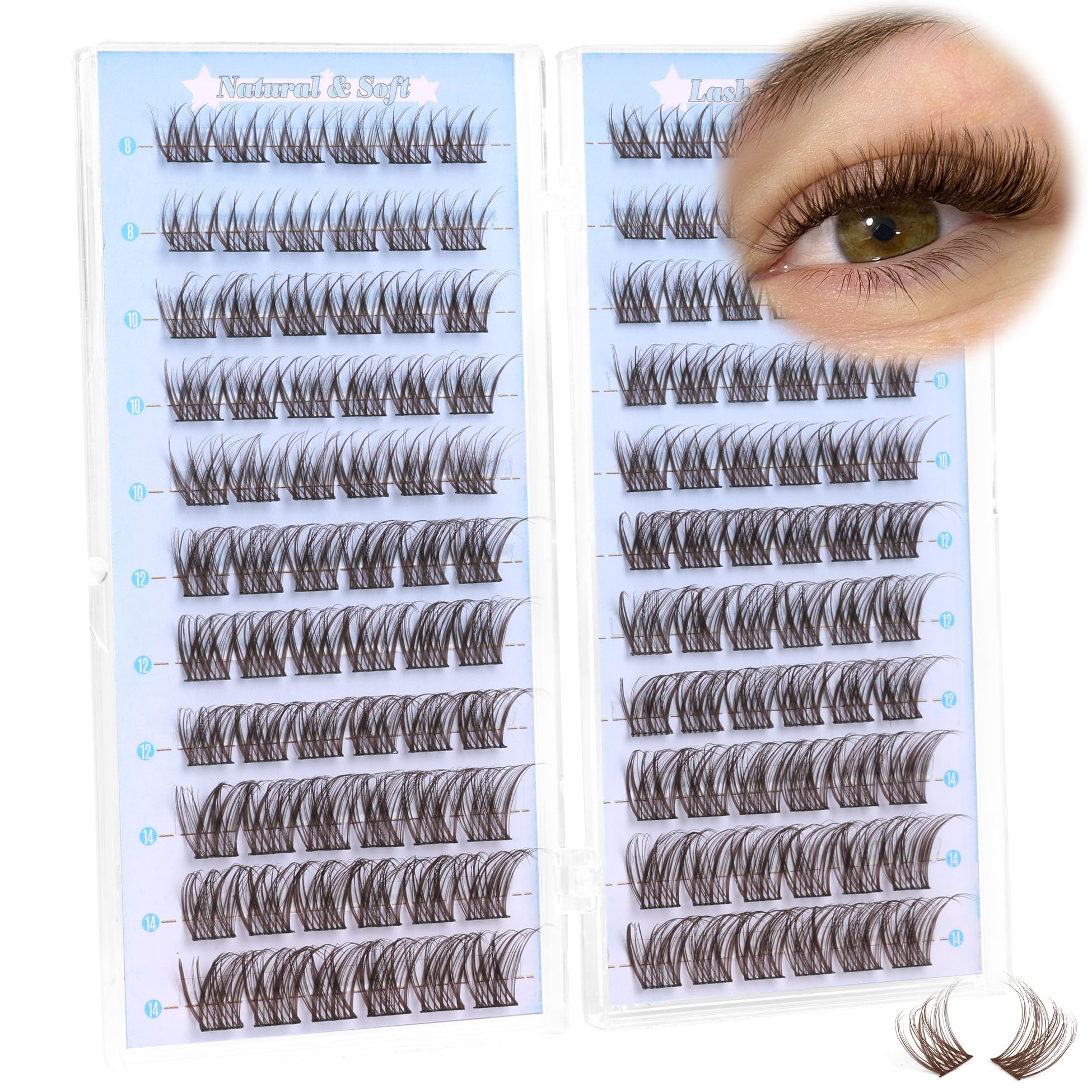 ALICENatural Brown Lash Clusters Eyelash Clusters Wispy Brown Eyelashes 8-14 mm Thin Band C Curl Lash Extensions Handmade Eyelash Extensions 144 Pcs