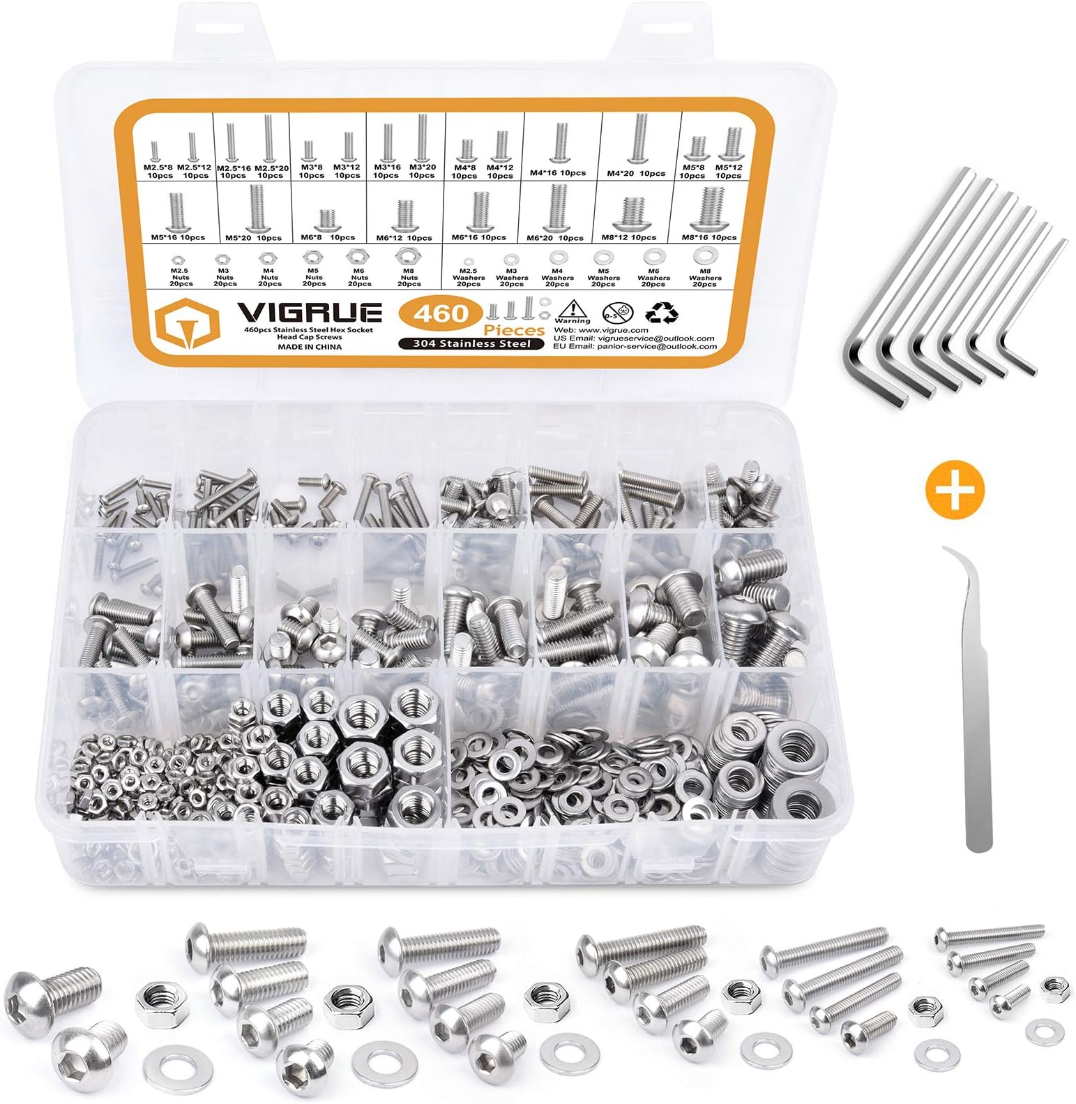 VIGRUE 460 Pieces Screws and Nuts Set, M2.5 M3 M4 M5 M6 M8 Hexagon Head Screws, Stainless Steel Allen Screws Nuts and Washers Assortment Kit with Storage Box and Key