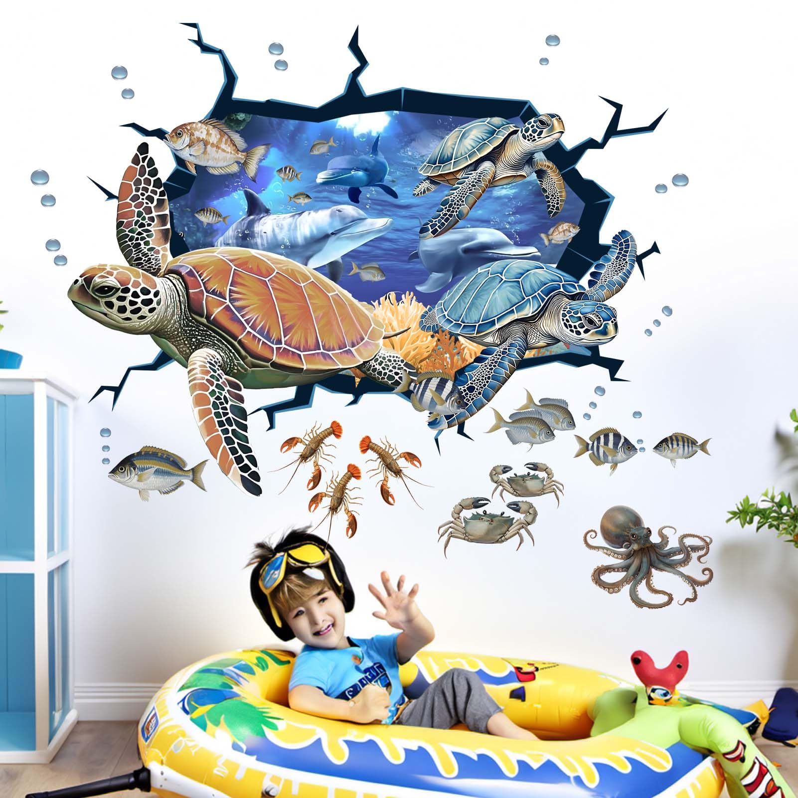 Sea Turtle Wall Stickers for Kids: Peel and Stick Under The Sea Marine Ocean Fish Wall Decals for Baby Nursery Kid Bedroom Toddler Room - Children