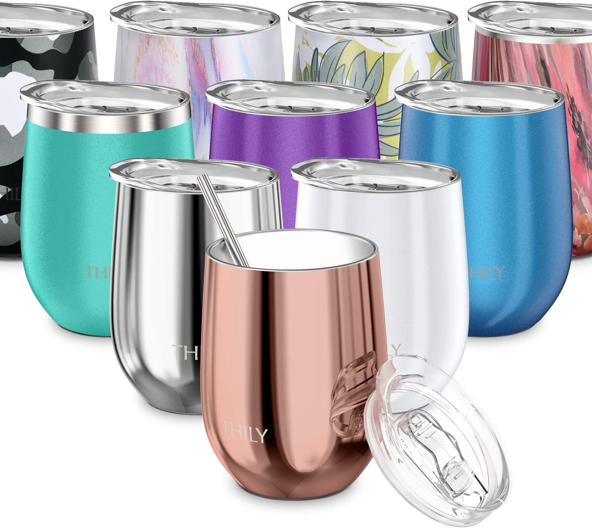 THILYWine Tumbler Vacuum Insulated Stemless 12 oz Triple-Insulated Stainless Steel Wine Glass with Lid and Straw, Keep Cold for Coffee, Cocktails, Rose Gold