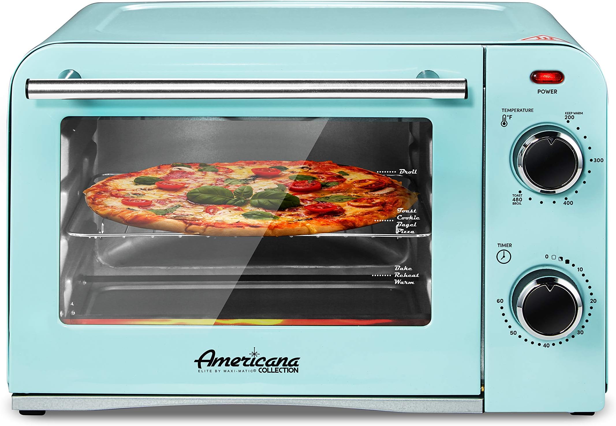 Elite Gourmet Americana ETO1200BL# Vintage Diner 50’s Retro Countertop Toaster Oven, 1300W, Bake, Broil, Toast, with Temperature Control & Adjustable 60-Minute Timer, Fits 9” Pizza, 4 Slice
