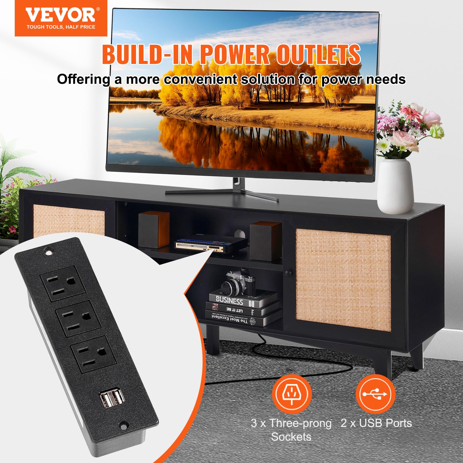 Supporto TV Boho In Nero Per TV 65'' – Console In Truciolare Con Ante In Rattan, 2 Armadi E Ripiani, Gambe In Legno - copertina