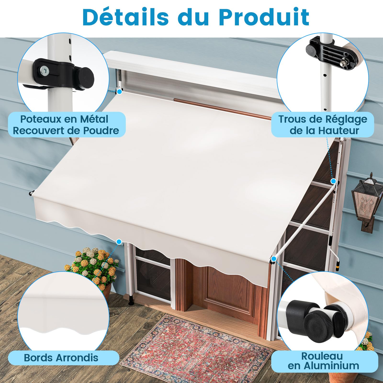 COSTWAY Store Banne Manuel Rétractable de 2 x 1,2/1,35/1,5M avec Manivelle Hauteur Réglable 210-300CM, Auvent de Terrasse en Aluminium Tissu Oxford Imperméable Anti UV, pour Blacon et Porte (Blanc)