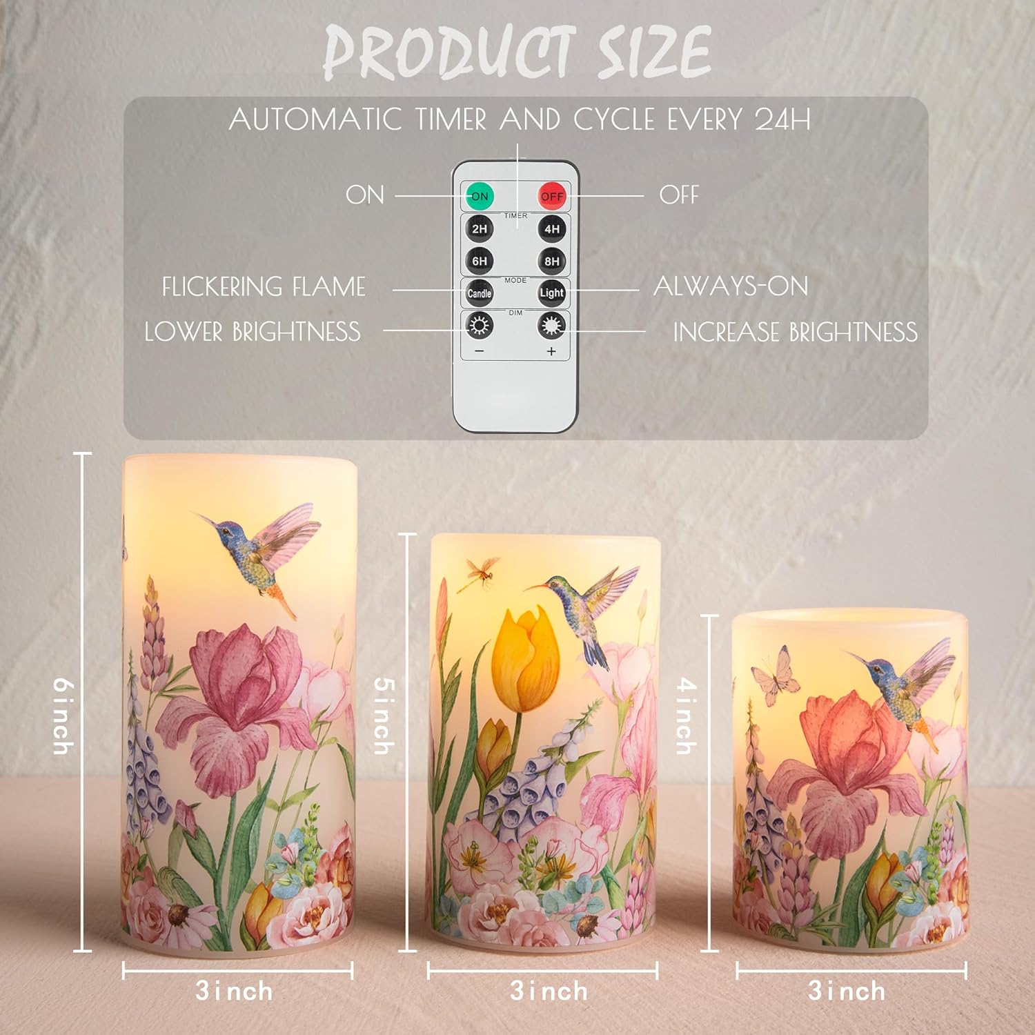 LUSHARBOR Flameless Candles with Remote, Battery Operated Candles Real Wax Hummingbird Flickering LED Candles Floral Christmas Decor Electric Pillar Candles Set of 3