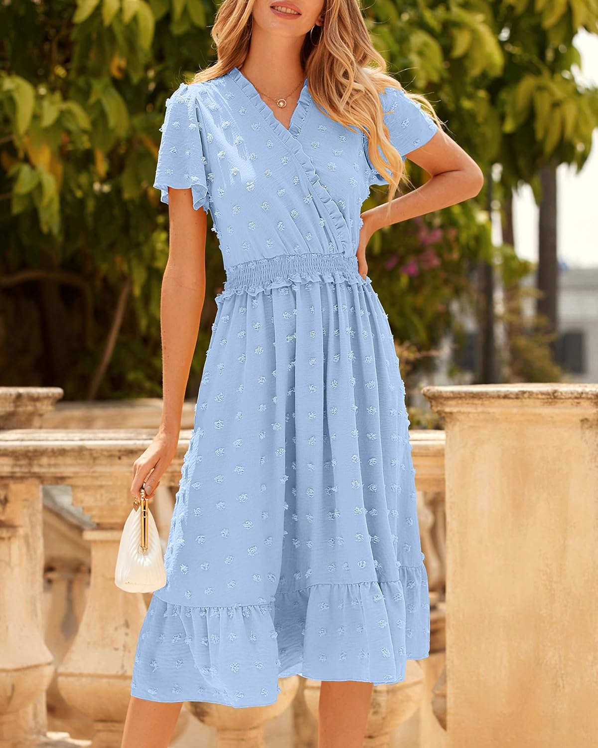 BTFBM Women Short Sleeve V Neck Swiss Dot Midi Summer Dresses 2024 Boho Ruffle Long Dresses Ruffle Wedding Guest Dress - Image 3