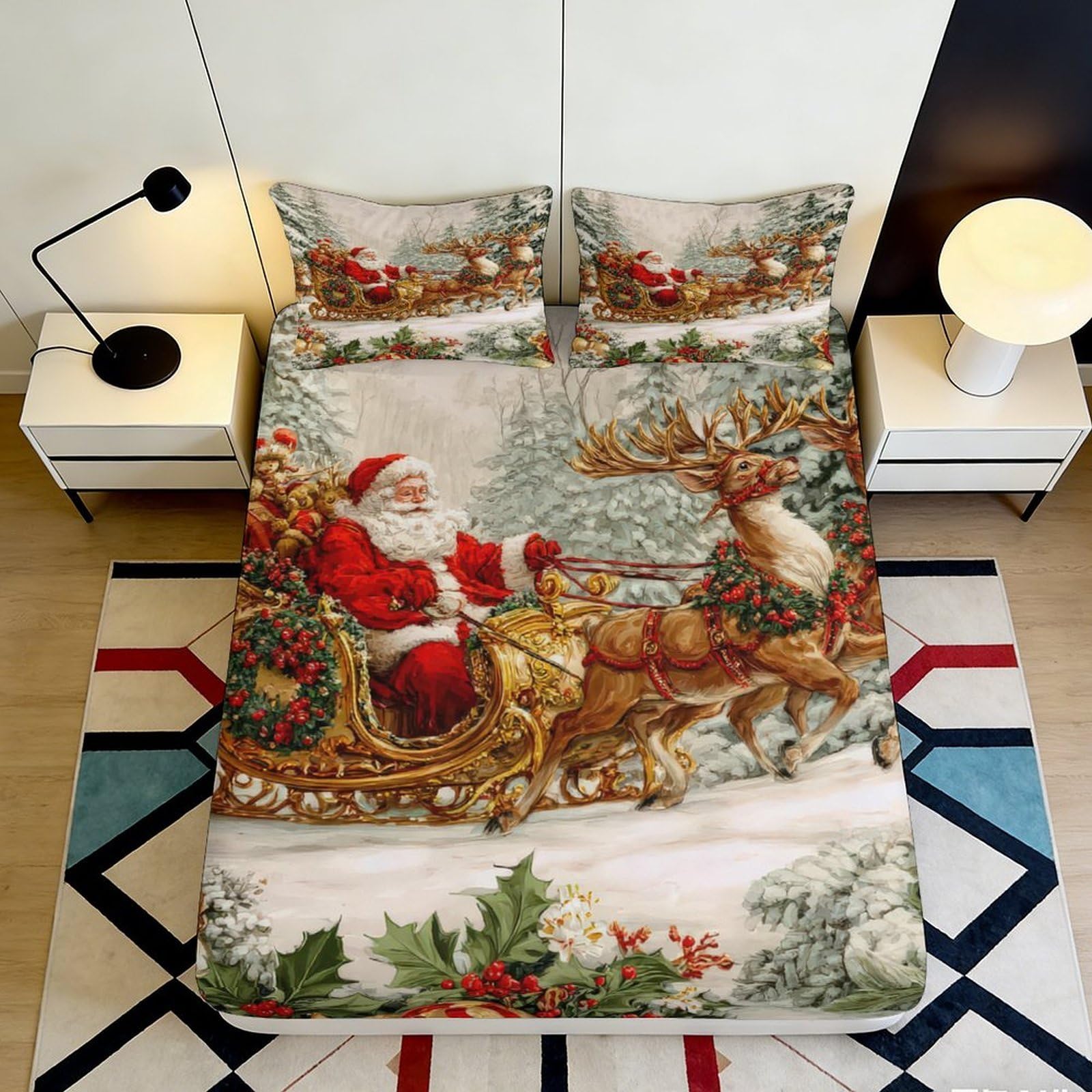 Pnayamiorkfel Style-3 3D Printed Santa Sleigh Fitted Sheet Microfiber Christmas Bedroom Bed Cover For Adult Youth Home Decor 90X200x25cm