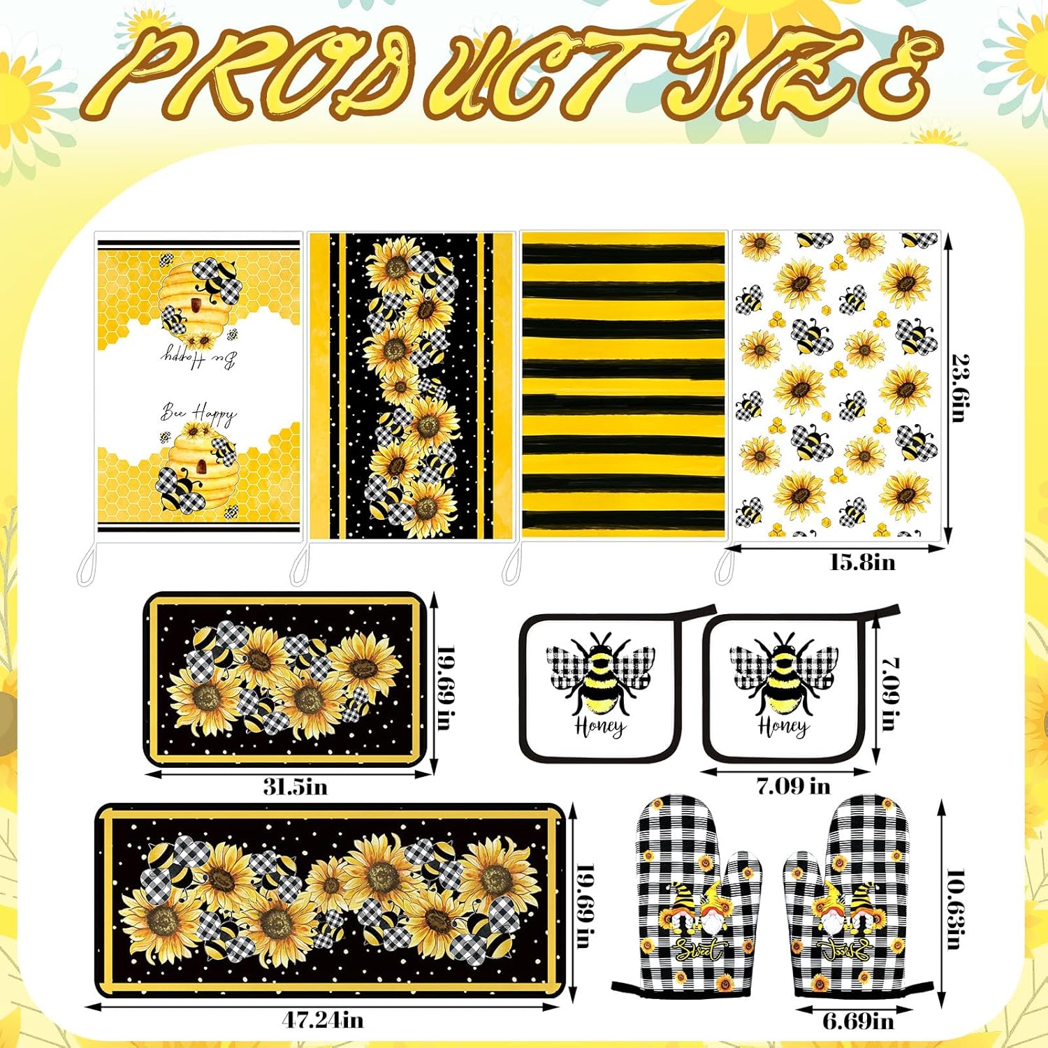 10 Pcs Bee Kitchen Decor Sunflower Oven Mitts and Pot Holders Set Yellow Bee Dish Towels Rugs Mats Buffalo Plaid Kitchen Accessories for Chef Baking Cooking Grilling BBQ Women Home Gift - Image 3