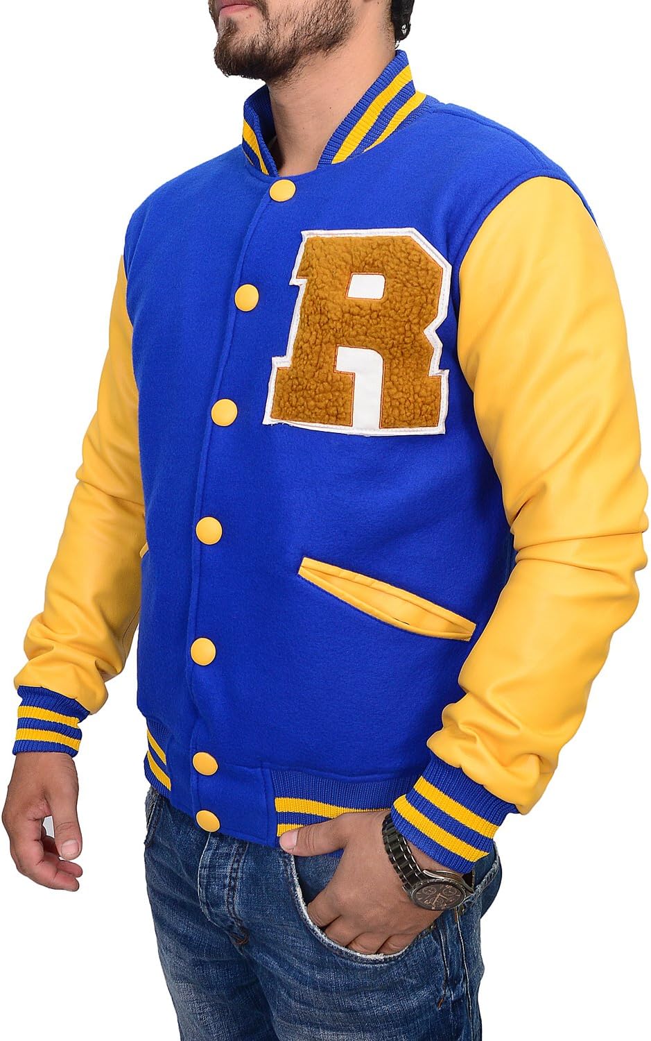 ZARAR Mens Blue and Yellow Letterman Varsity R Logo Jacket Costume