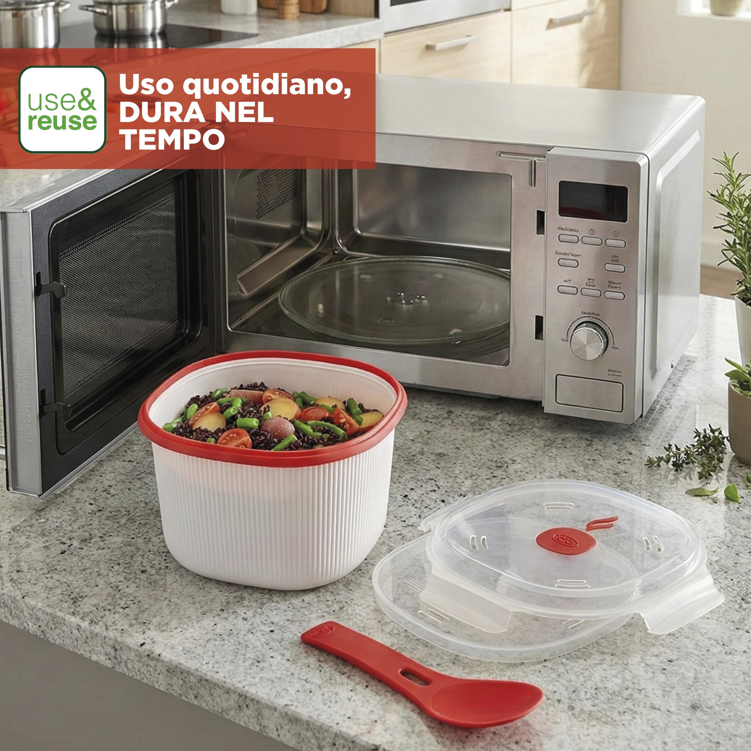 Cuociriso e Cereali Microonde 2,70L con Vassoio Amido e Spatola - Contenitore Alimenti Bianco Made in Italy