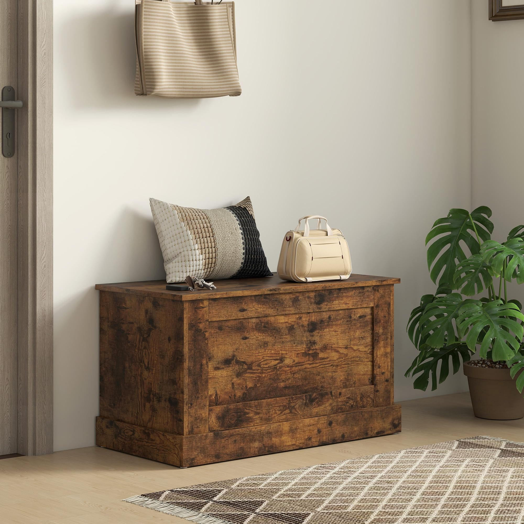 HOMCOM Aufbewahrungstruhe Spielzeugtruhe 80x40x45 cm Rustikales Braun | Aus Holz, Sicherheitsscharnier, für Wohnzimmer, Eingangsbereich