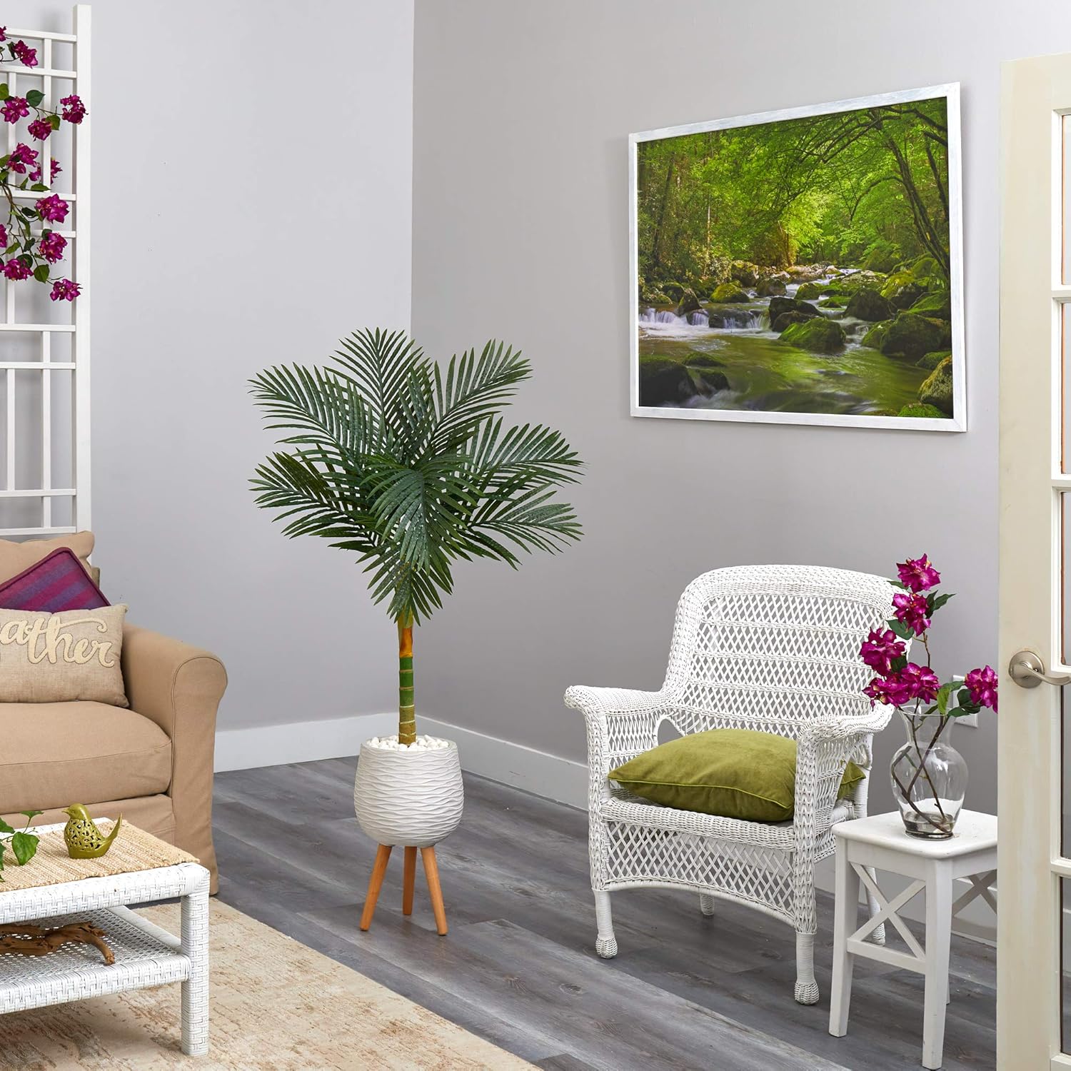 Nearly Natural 5ft. Golden Cane Artificial Palm Tree in White Planter with Stand