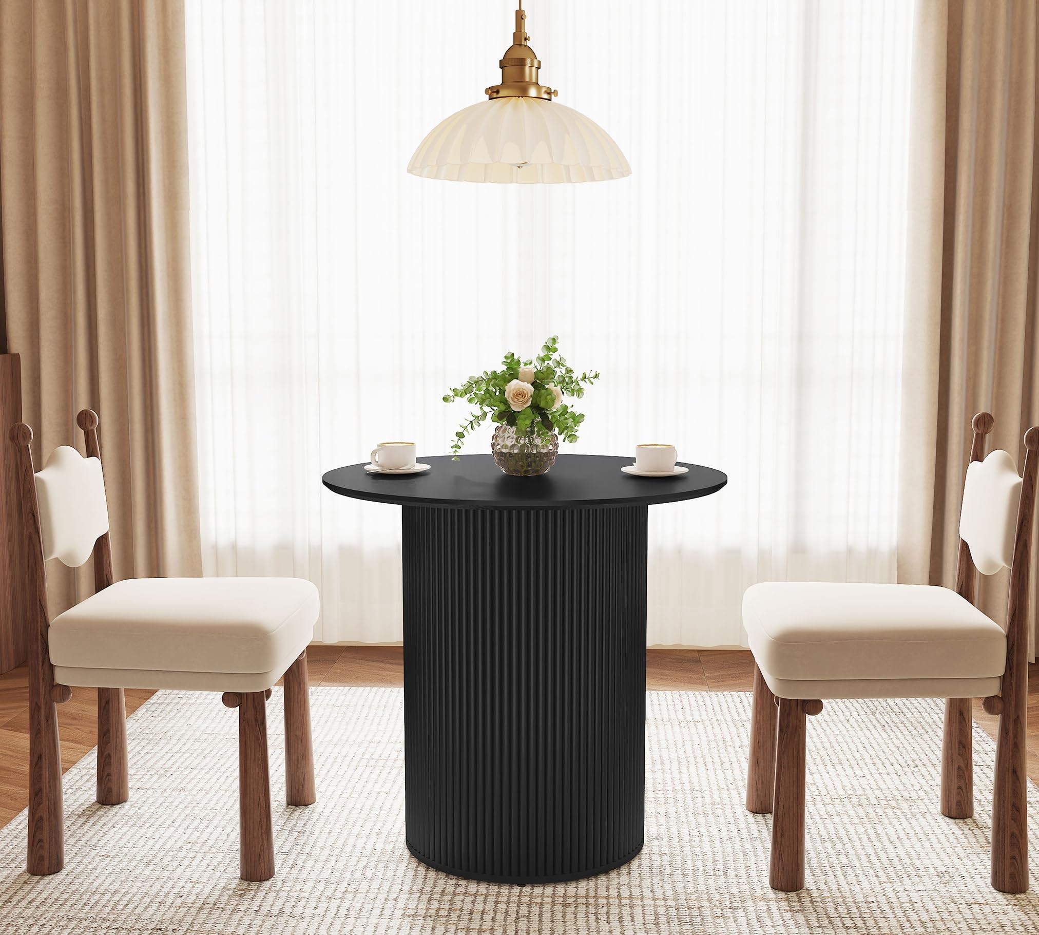 RUSTYER 31.5 inch Round Dining Table for 2, Farmhouse Wood Fluted Dinner Round Kitchen Table with Wood Fluted Base, Mid-Century Modern Small Circle