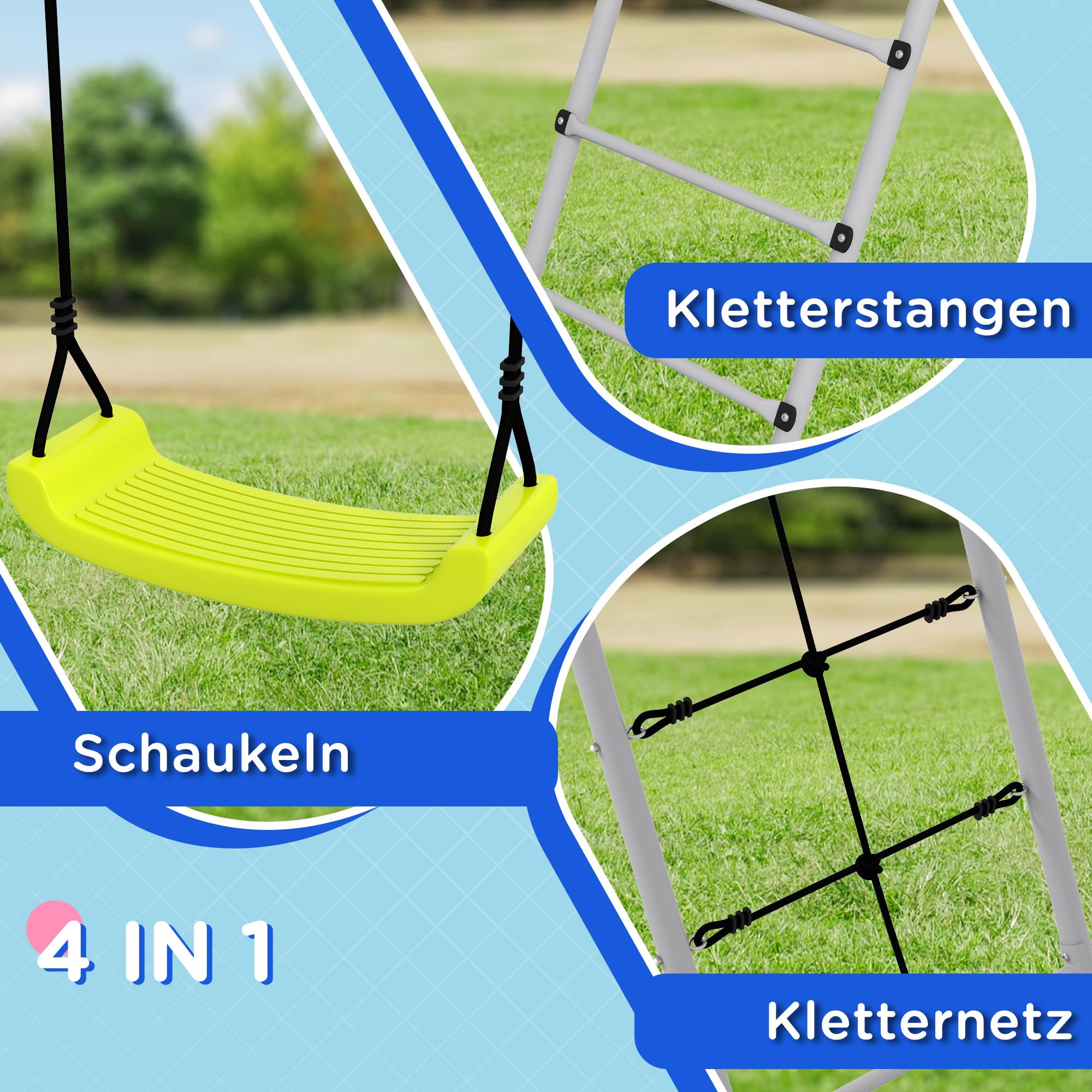 Outsunny Rama do huśtawki do 180 kg 3-w-1 huśtawka dla dzieci z 2 huśtawkami, siatką wspinaczkową, drabinką, zewnętrzna konstrukcja do huśtawki z metalowym stelażem, huśtawka ogrodowa dla dzieci w