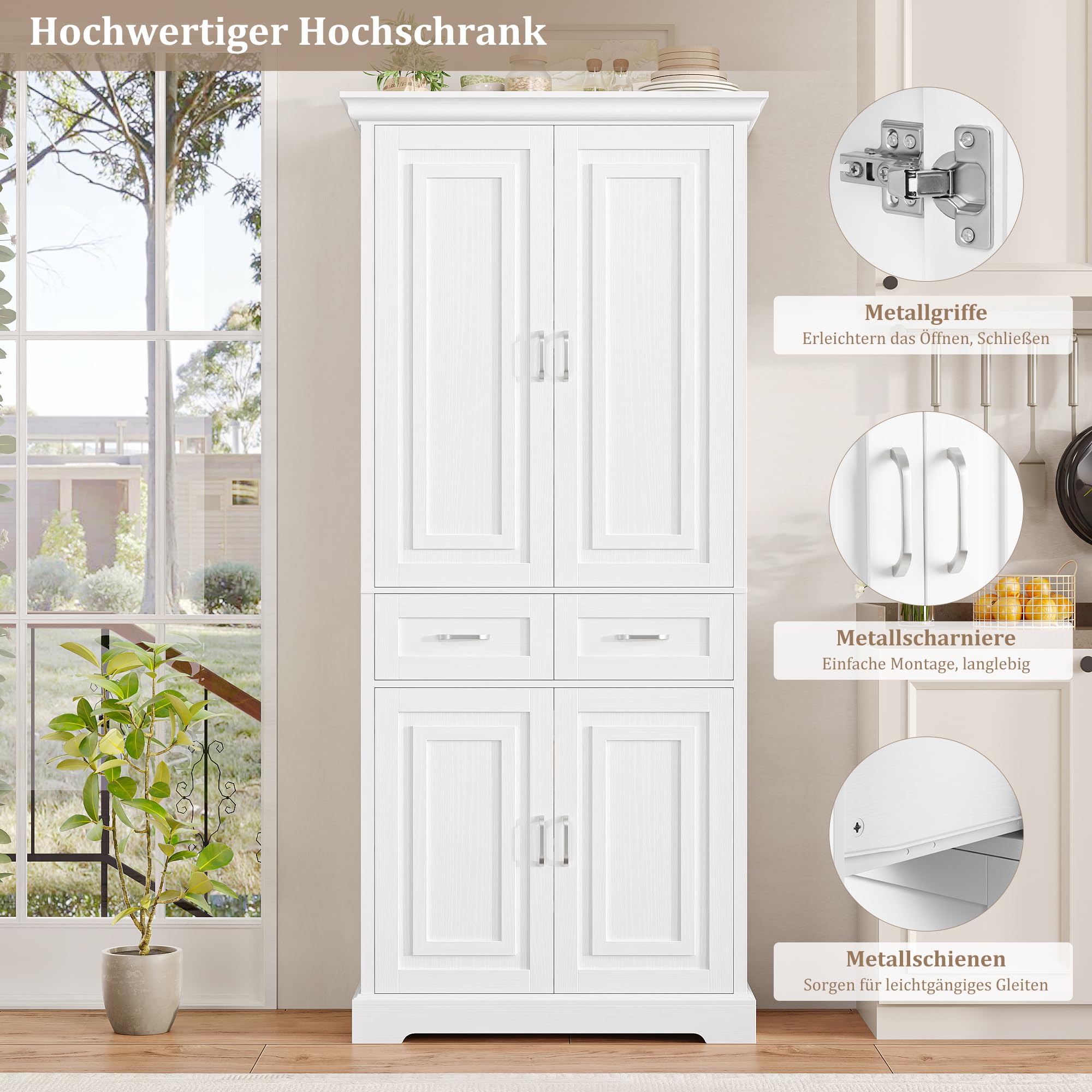 FirFurd 180cm Küchenschrank Hochschrank Mehrzweckschrank Badezimmerschrank Küchenbuffet mit 4 Türen & Schublade, Buffetschrank Küchenschrank hoch für Wohnzimmer Küche Badezimmer 80x40x180,5cm, Weiß
