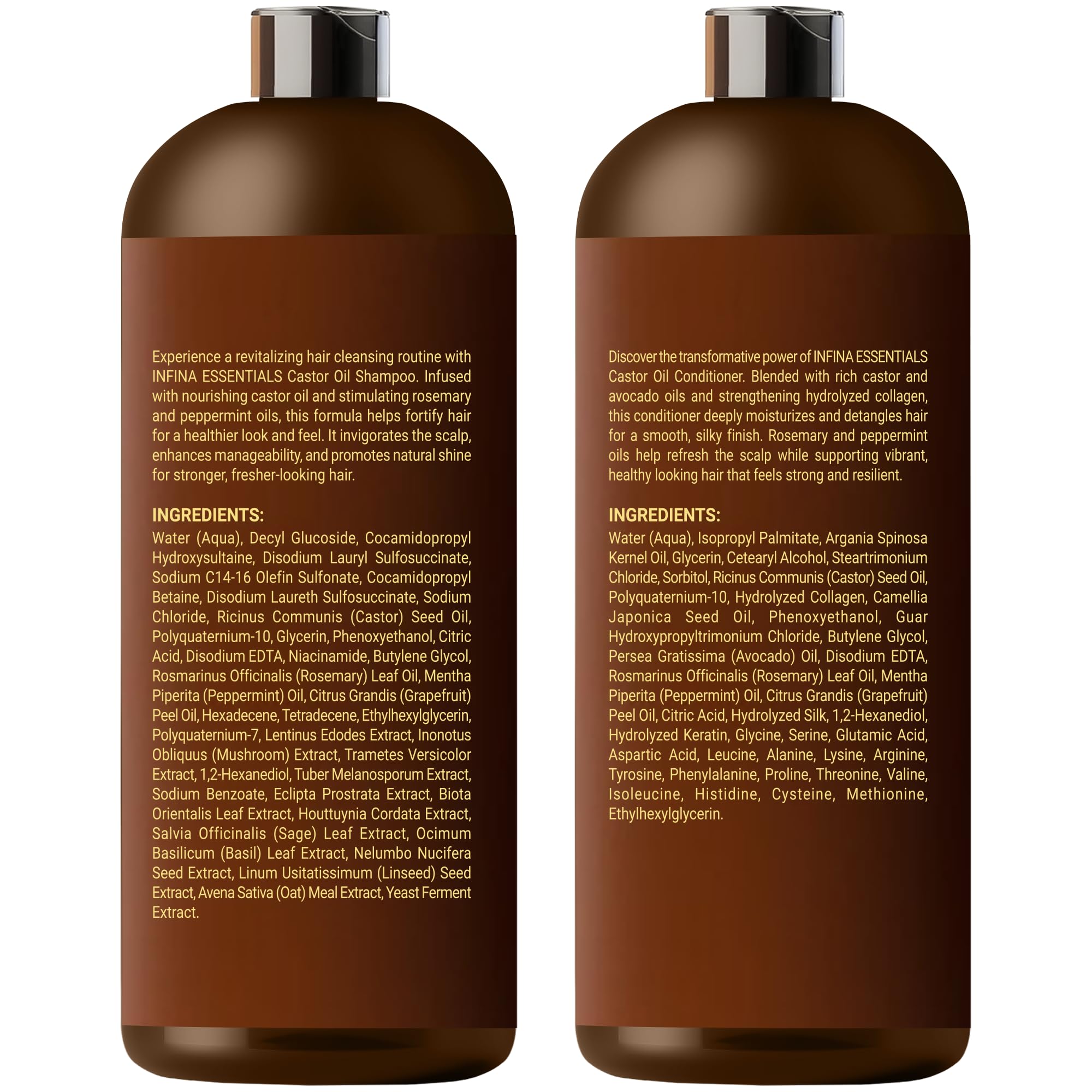 INFINA ESSENTIALS Szampon i odżywka z olejem rycynowym na porost włosów z olejkiem rozmarynowym i miętowym, oczyszcza włosy, wzmacnia i błyszczy szamponem i odżywką