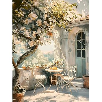 STYLER Canvas Picture Morning 60 x 80 cm I Mediterranean Terrace in Morning Light with Flowers I Wall Picture Living Room Bedroom Dining Room Office I Wall Decoration Summer Garden Style I Made in Europe