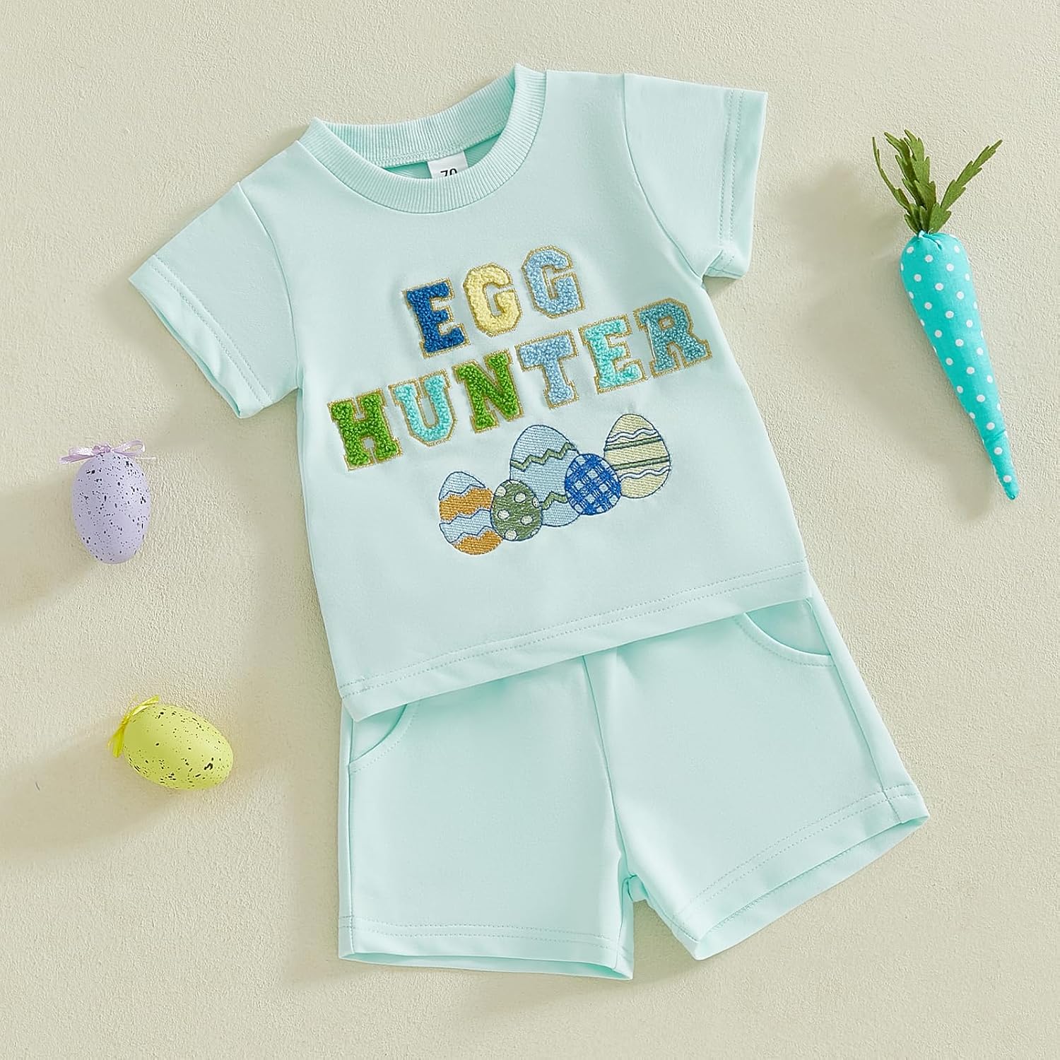 Ayalinggo Baby Boy Girl Easter Outfit Egg Letters Embroidery T Shirt Elastic Waist Pockets Shorts Sets Toddler Summer Clothes