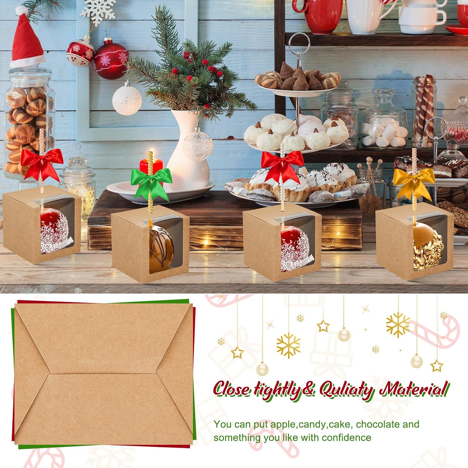 Juexica 100 Pcs Candy Apple Boxes with Hole 4 x 4 x 4 Inch Caramel Apple Container Treat Gift Boxes for Wedding Birthday Party Chocolates Cookies Cake Pops (Brown)